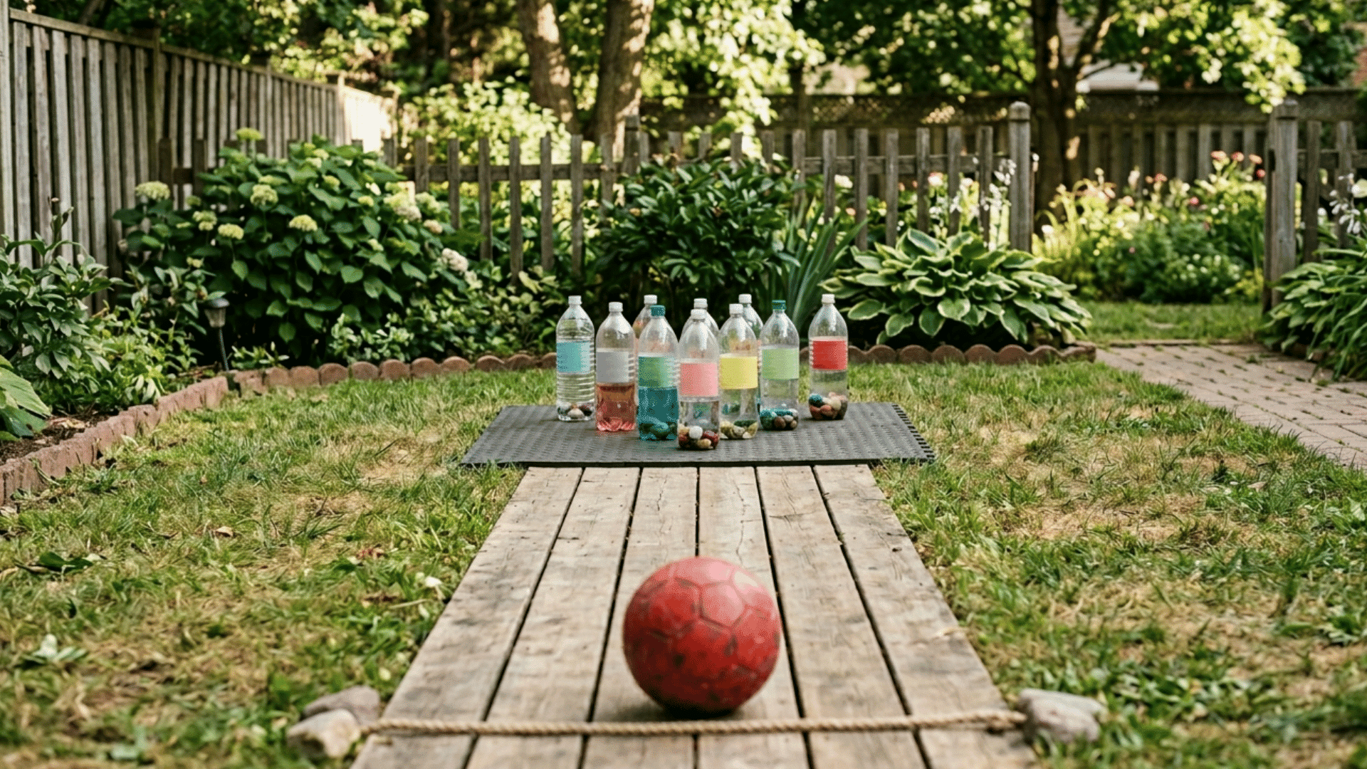 diy bowling game with plastic bottles as pins and soft ball on the floor