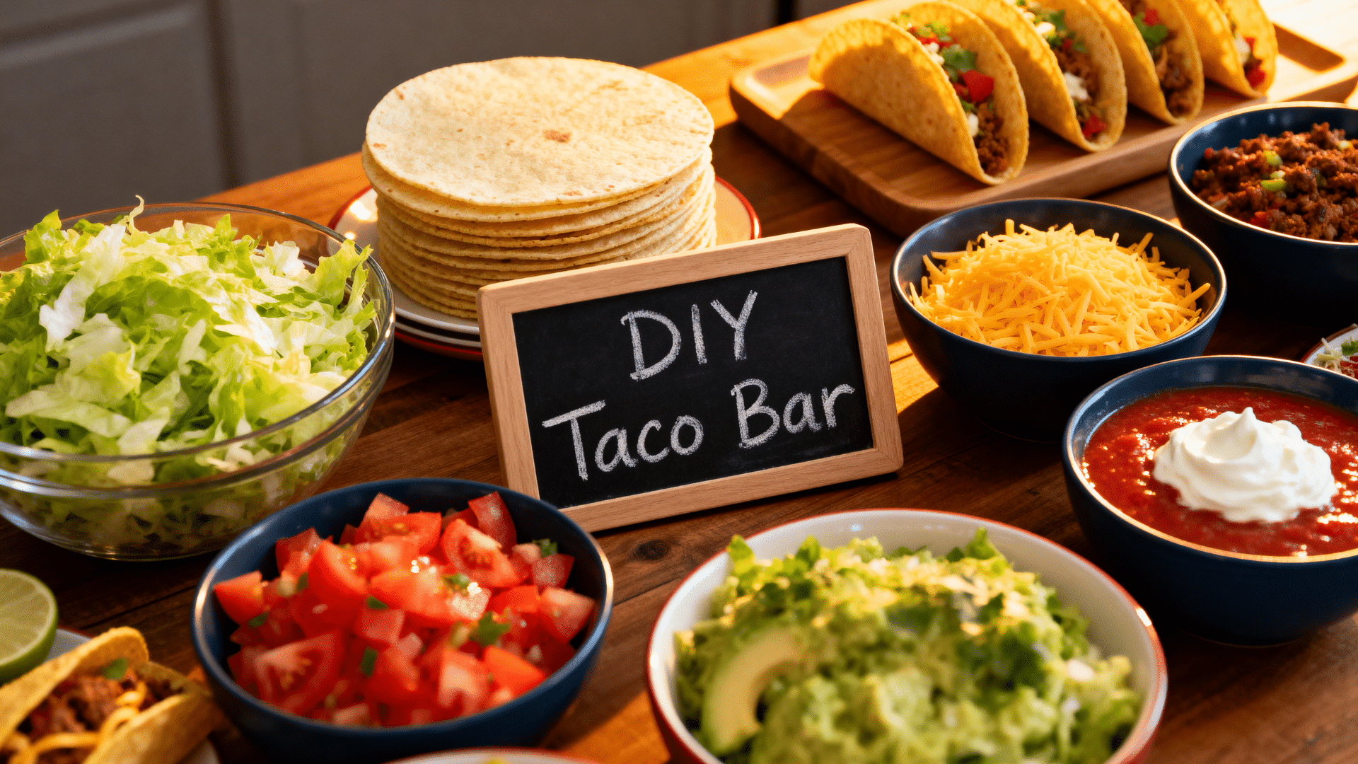 diy taco bar setup with bowls of seasoned meat, tortillas, shredded cheese, and fresh toppings on a table