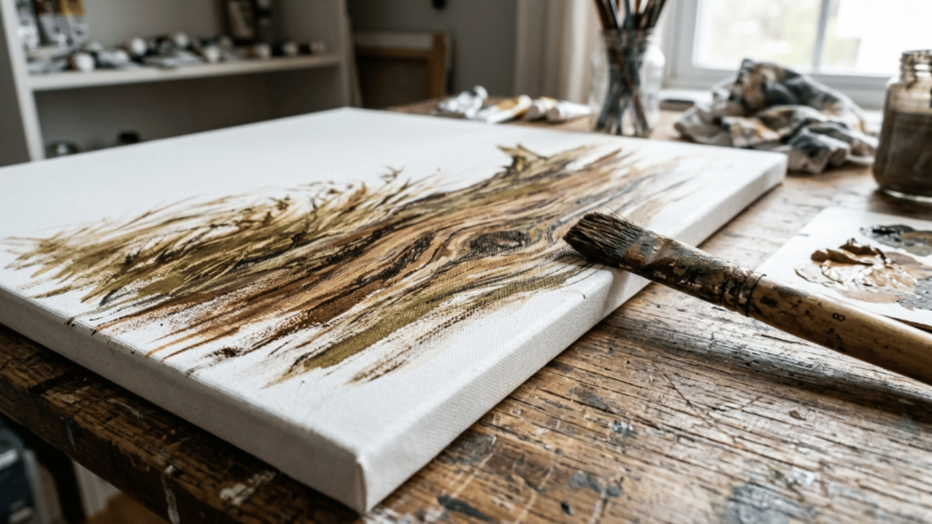 dry brush acrylic technique creating rough grass texture on canvas, stiff brush dragged lightly across surface on studio table