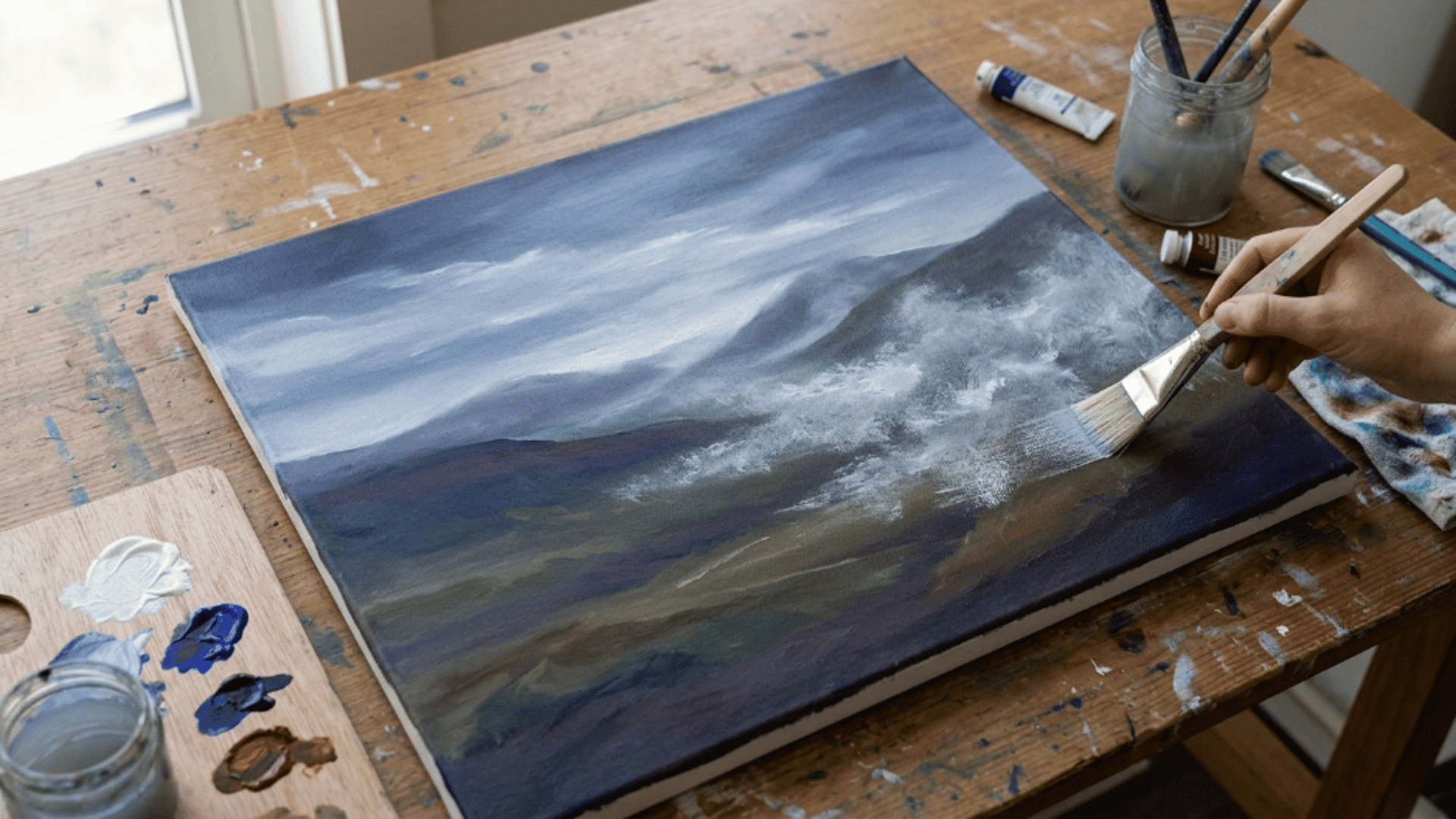 dry brush scumbling technique adding light paint over darker layer on canvas creating atmospheric sky texture