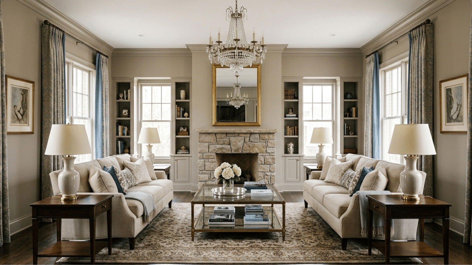 elegant living room with two sofas, chandelier, stone fireplace, coffee table, and symmetrical interior design