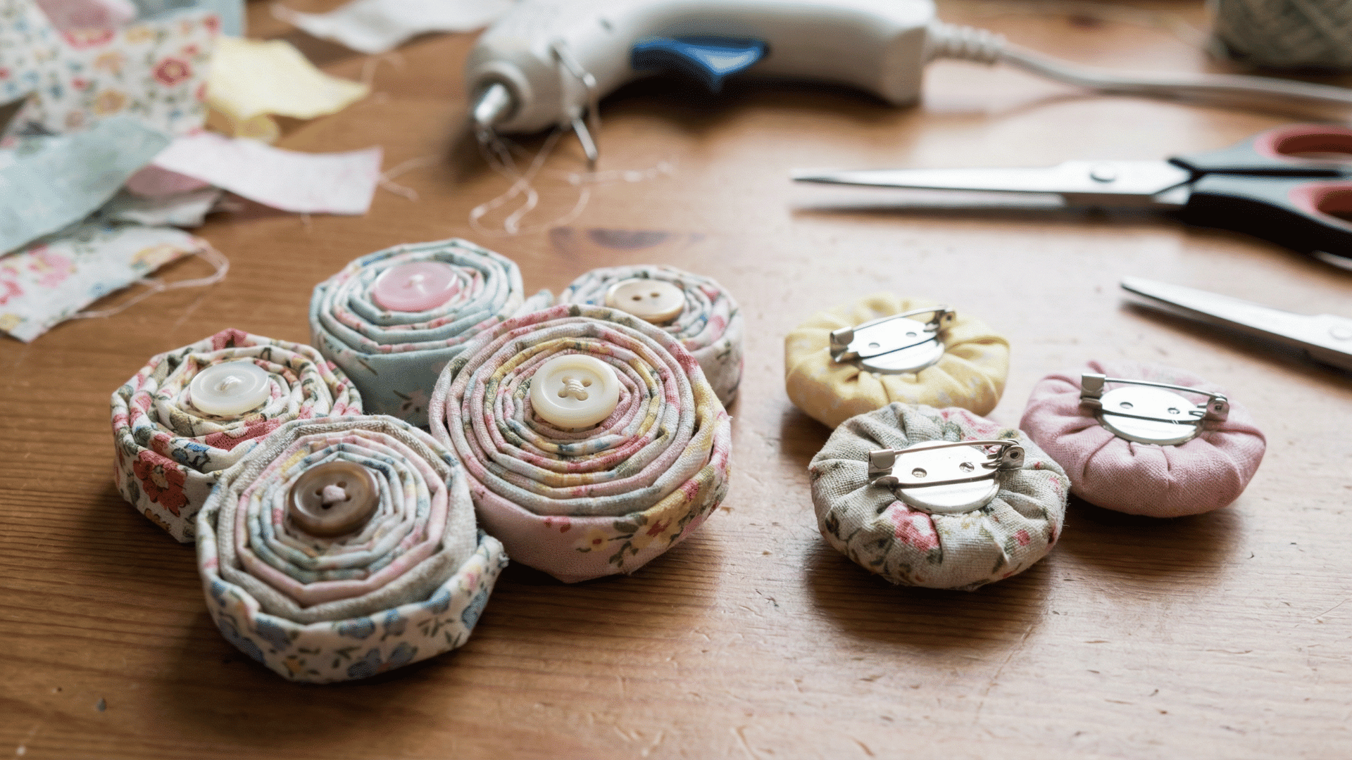everal handmade fabric flower brooches with button centers lie on a wooden workbench next to a glue gun, scissors, and scraps of floral fabric.