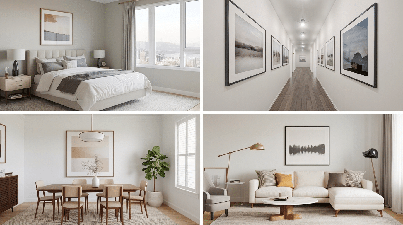 examples of how to hang pictures on walls in a bedroom, hallway, dining room, and living room.
