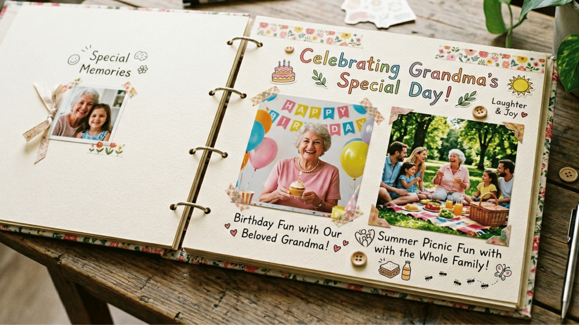 family scrapbook on table with photos memories and decorative elements creating a warm and personal keepsake display