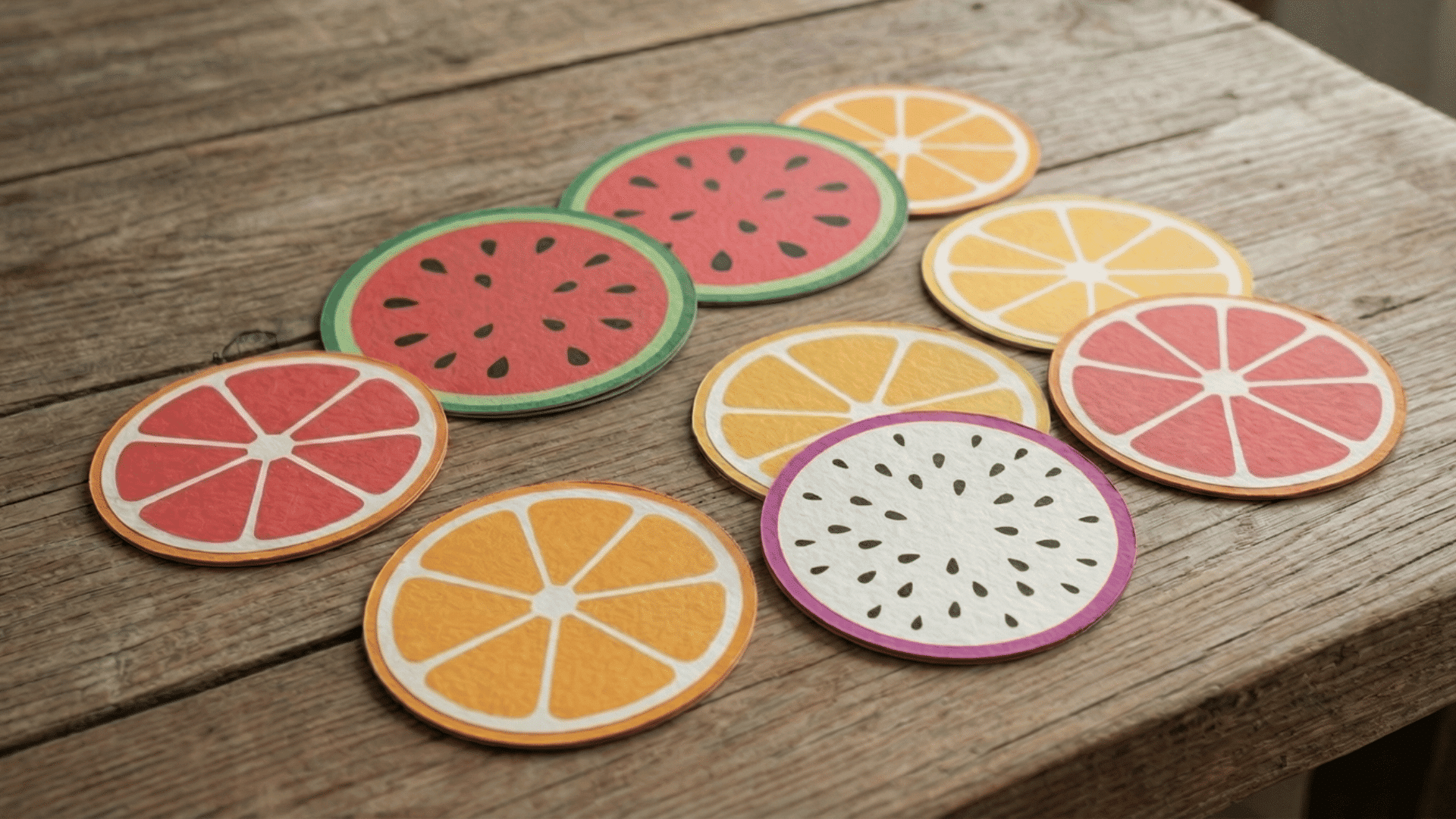 felt fruit slices like watermelon and orange, cut into circles with seed details made from black felt.