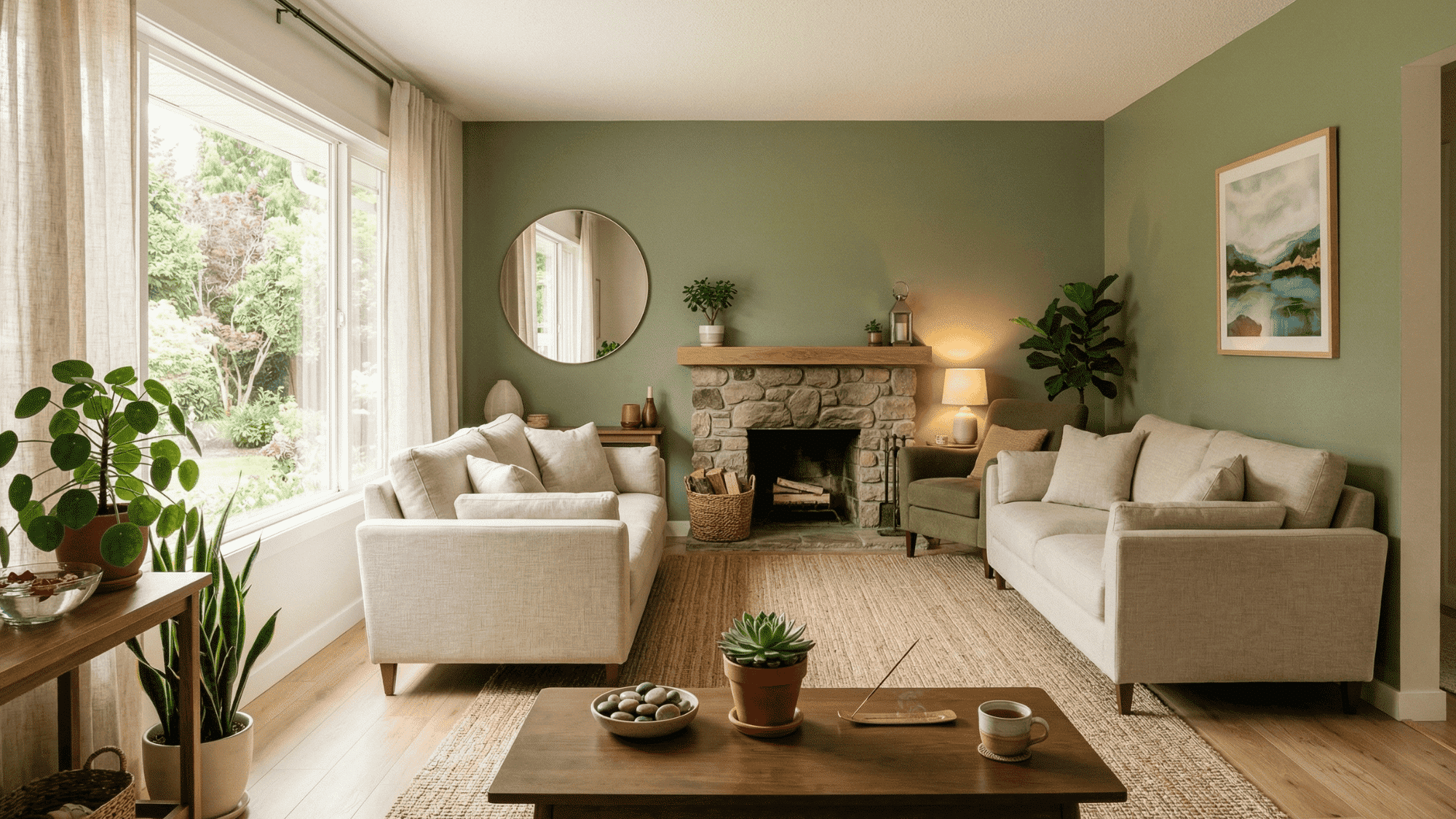 feng shui living room with balanced furniture placement, natural elements like plants and water features, and harmonious colors to promote positive energy and tranquility
