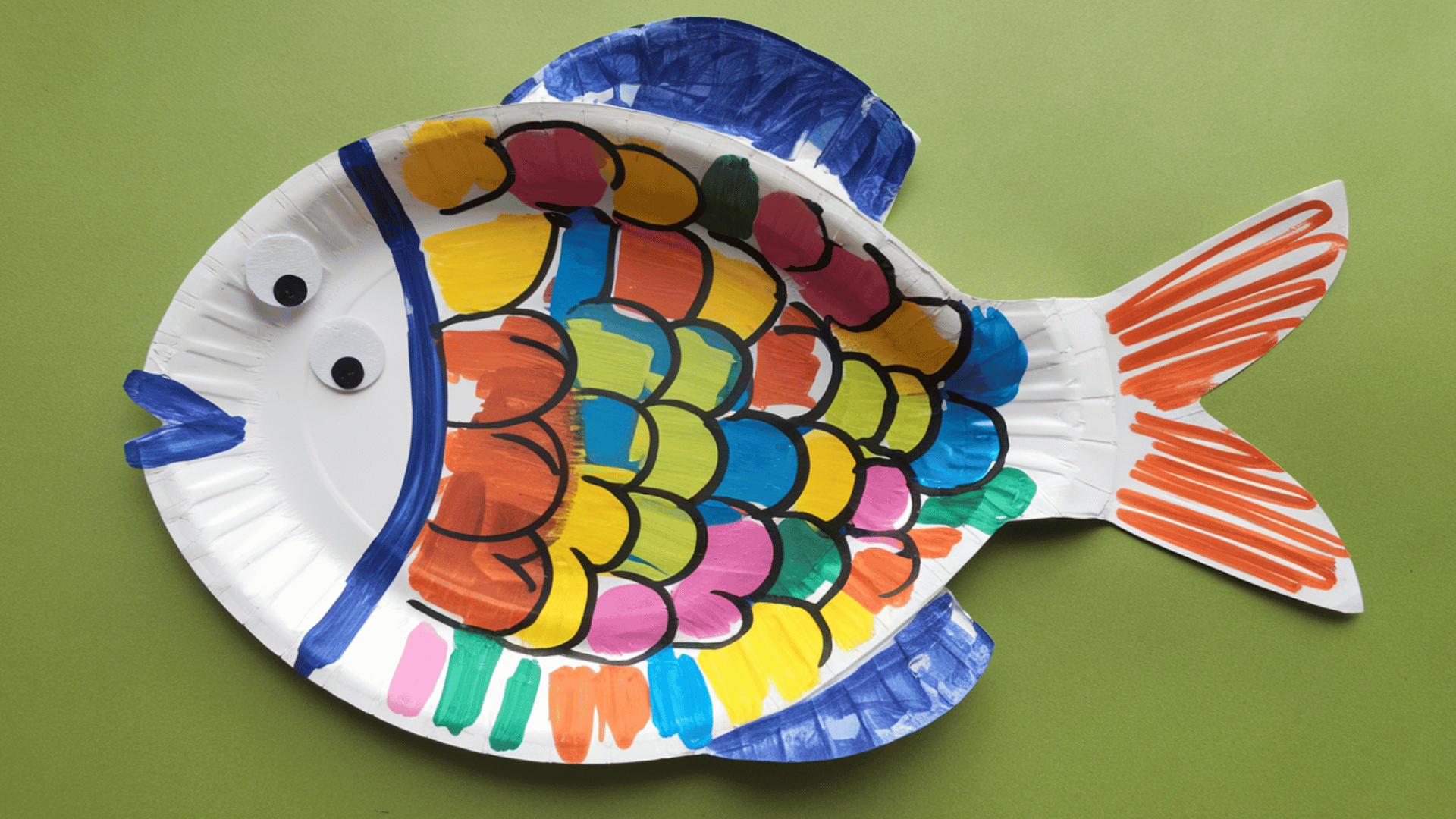 fish-shaped paper plate, colorful paint or markers on body, googly eyes near mouth.
