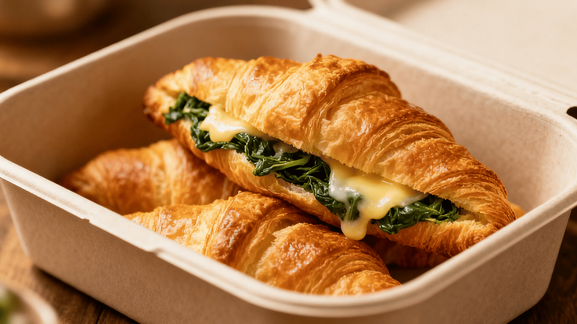 flaky croissants stuffed with spinach and melted cheese in a lunchbox, golden crust, flaky layers visible