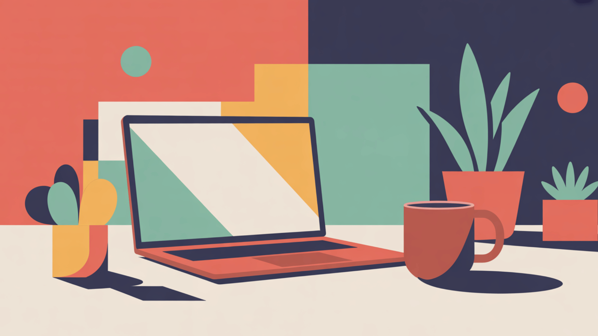 flat design illustration of a modern workspace with laptop, coffee mug, plant, and clean geometric shapes using bold minimal colors