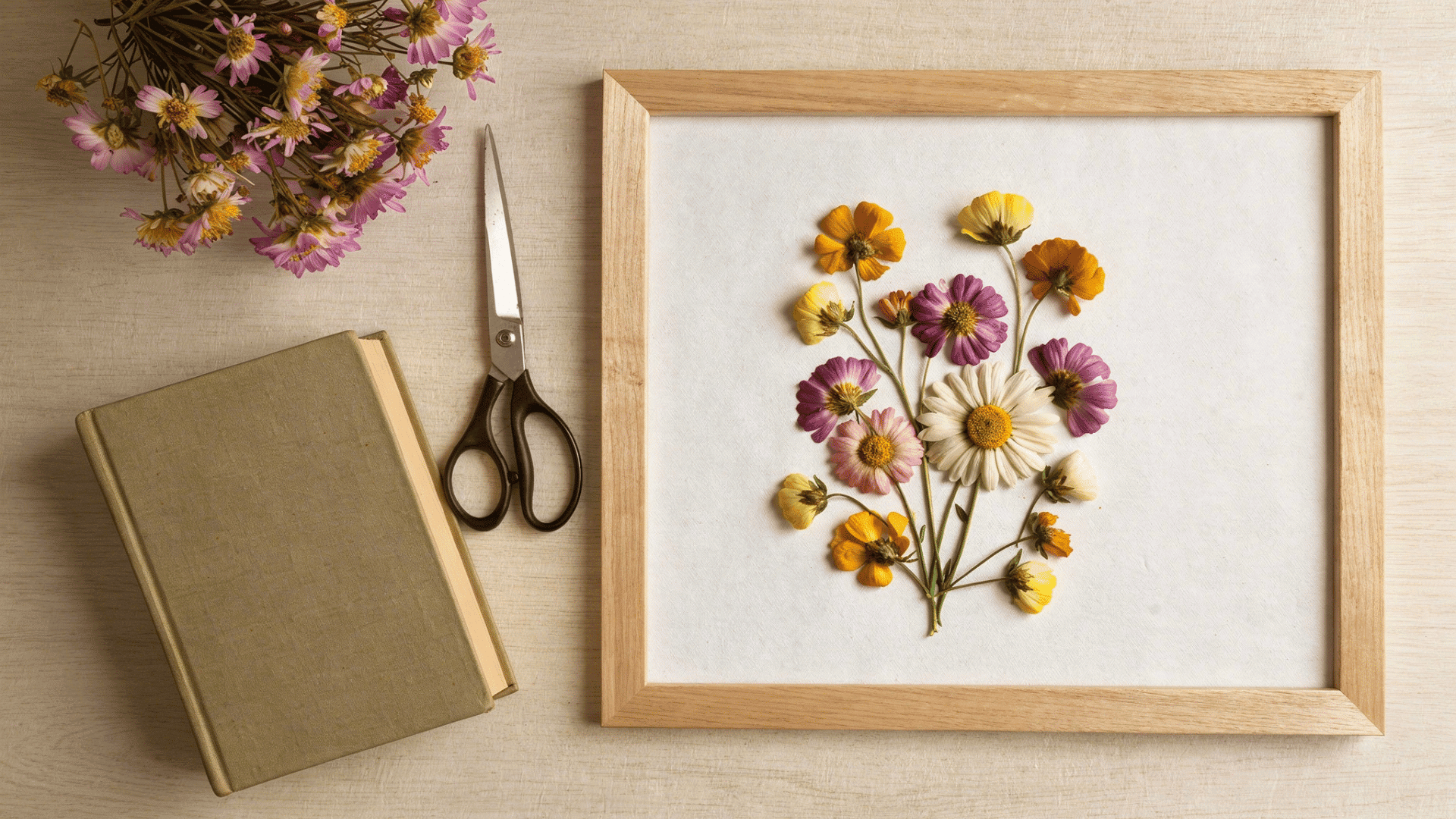 flat lay of a wooden frame containing a pressed flower arrangement next to a closed book, scissors, and a small bouquet.