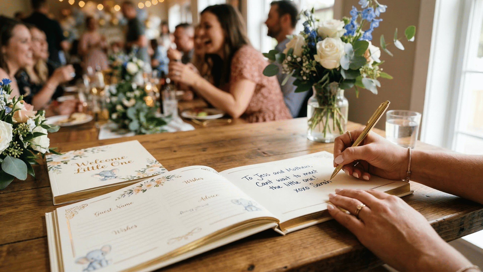 flat lay of an open baby shower guest book with a female coworker writing a short handwritten well wishes for the kid