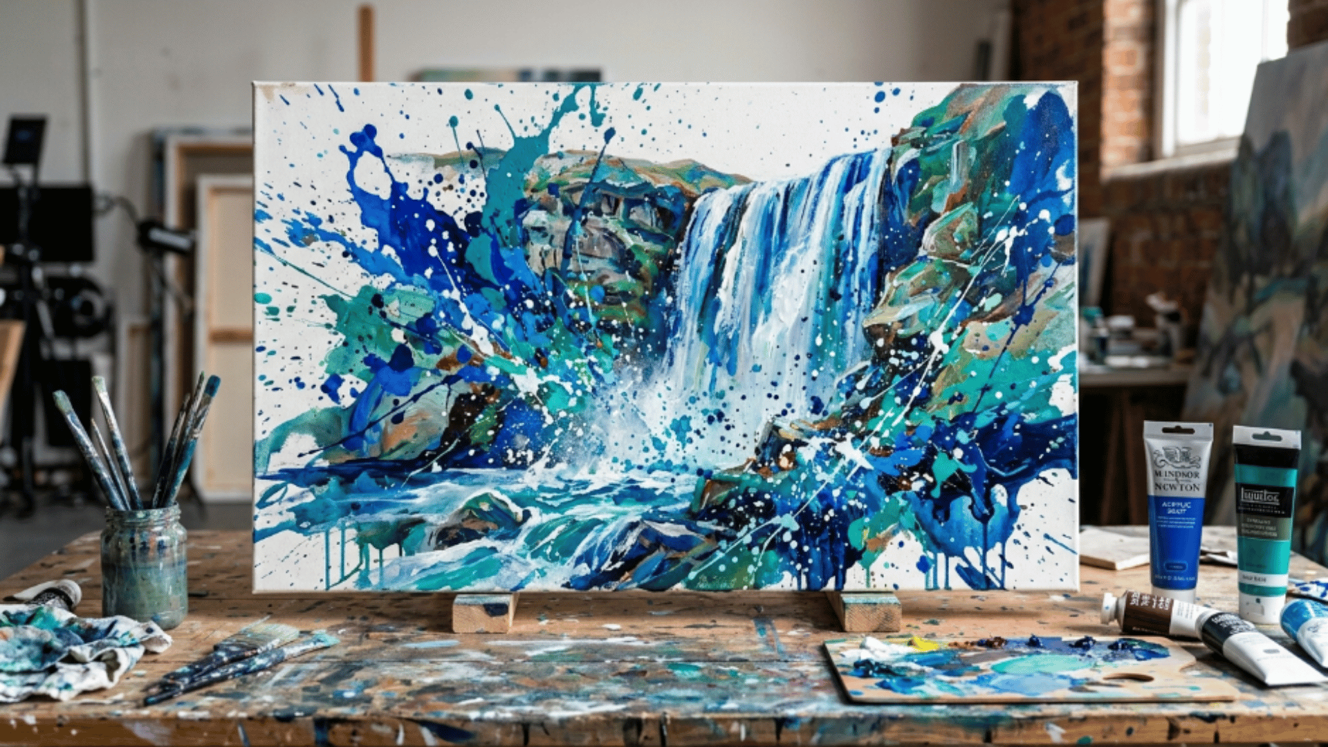 flicking paintbrush above canvas creating colorful acrylic splatter effect with energetic paint drops on studio table