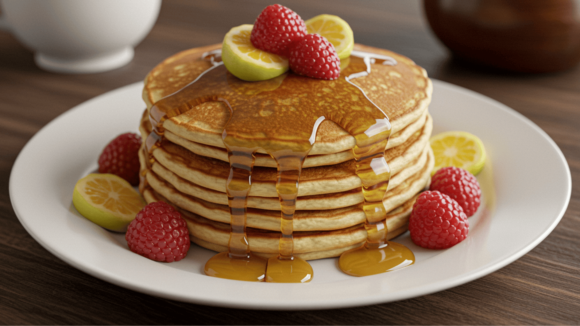 fluffy golden pancakes topped with syrup and fresh berries served on a white plate on a wooden table for a warm breakfast