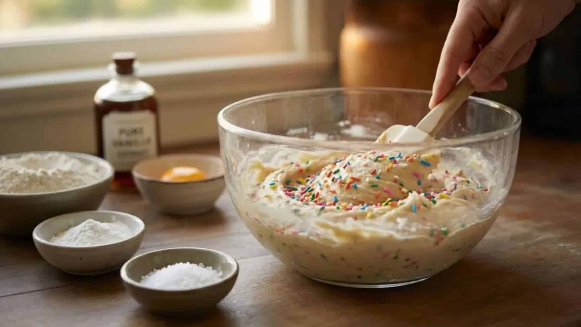 folding rainbow sprinkles into cookie dough with a spatula in a glass mixing bowl on a wooden kitchen counter, with baking ingredients nearby