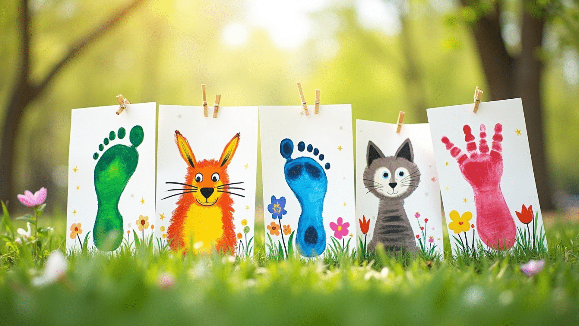 footprint on white paper with simple marker ears and a tail forming different animals