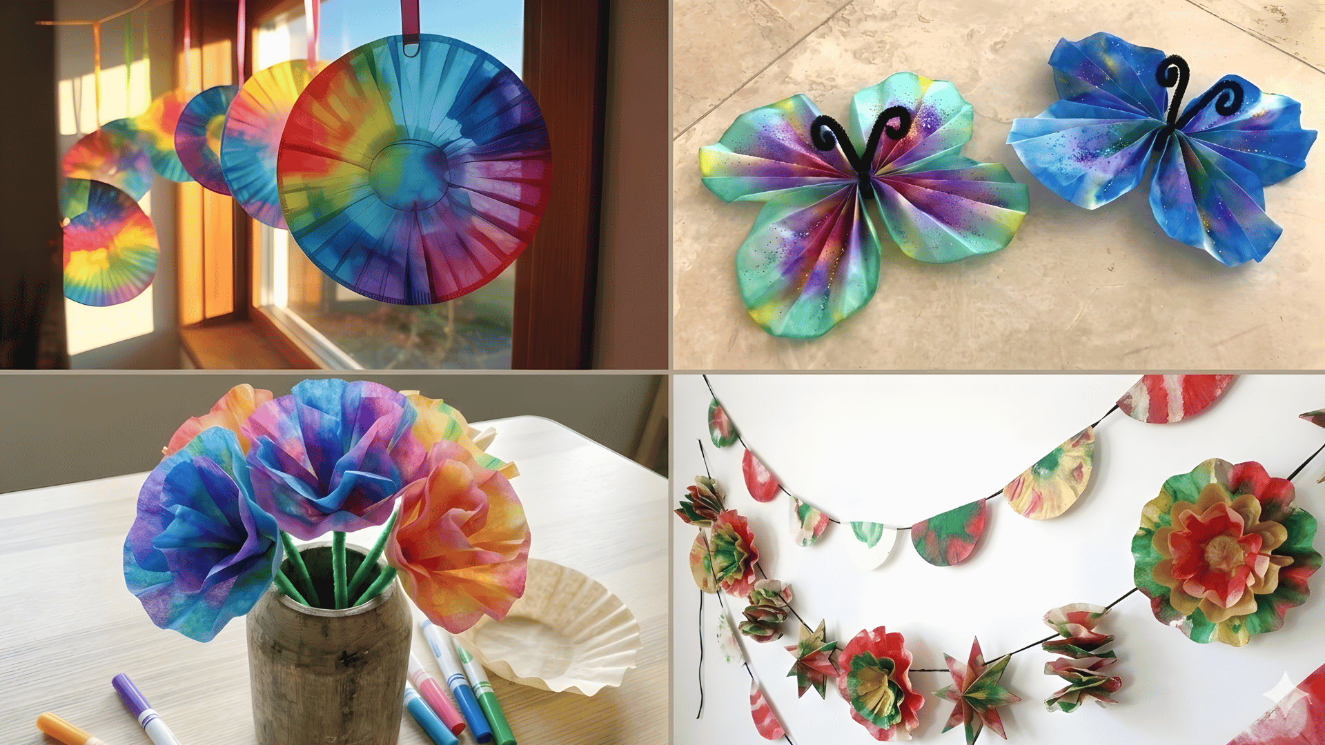 four colorful coffee filter crafts rainbow suncatchers, butterflies, a flower bouquet, and a festive holiday garland.