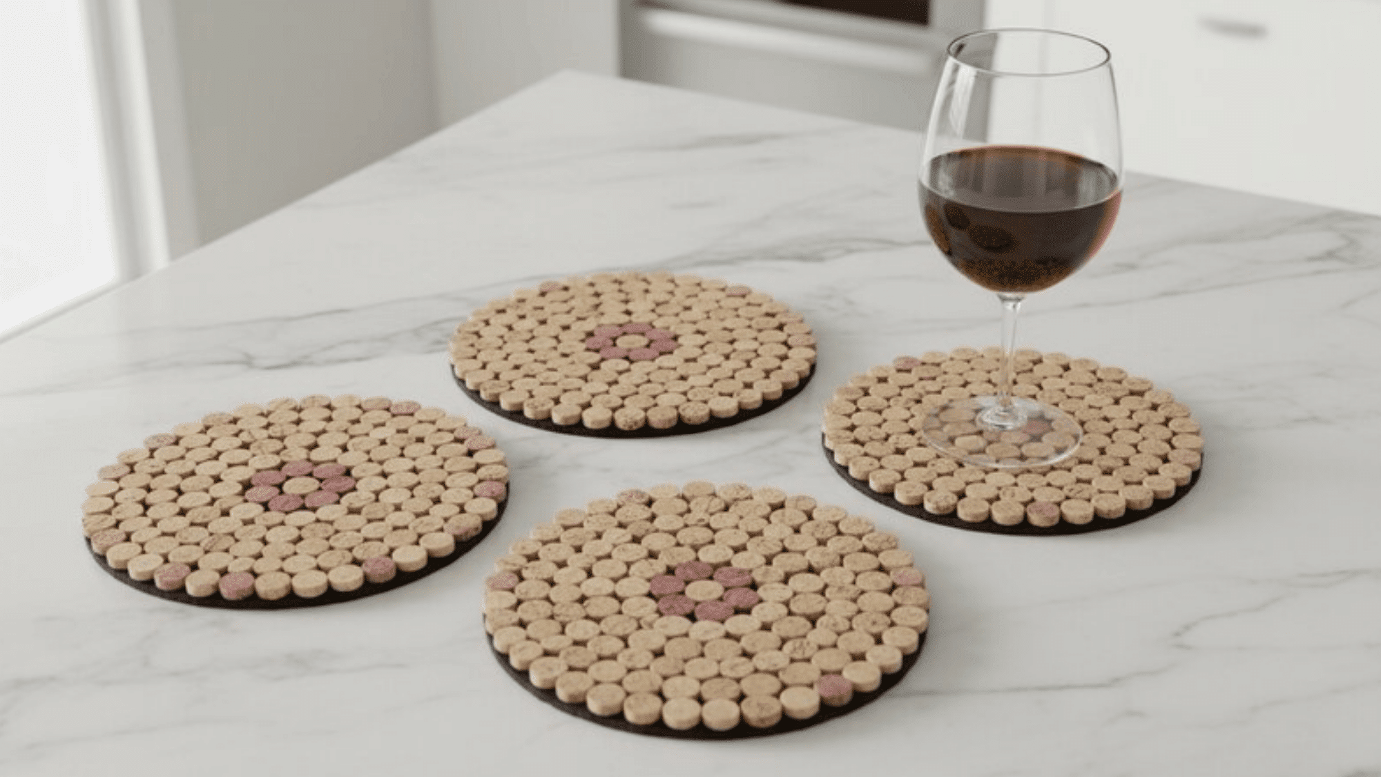 four handmade wine cork coasters made from sliced rounds in circular mosaic patterns, glass of red wine resting on one, natural daylight