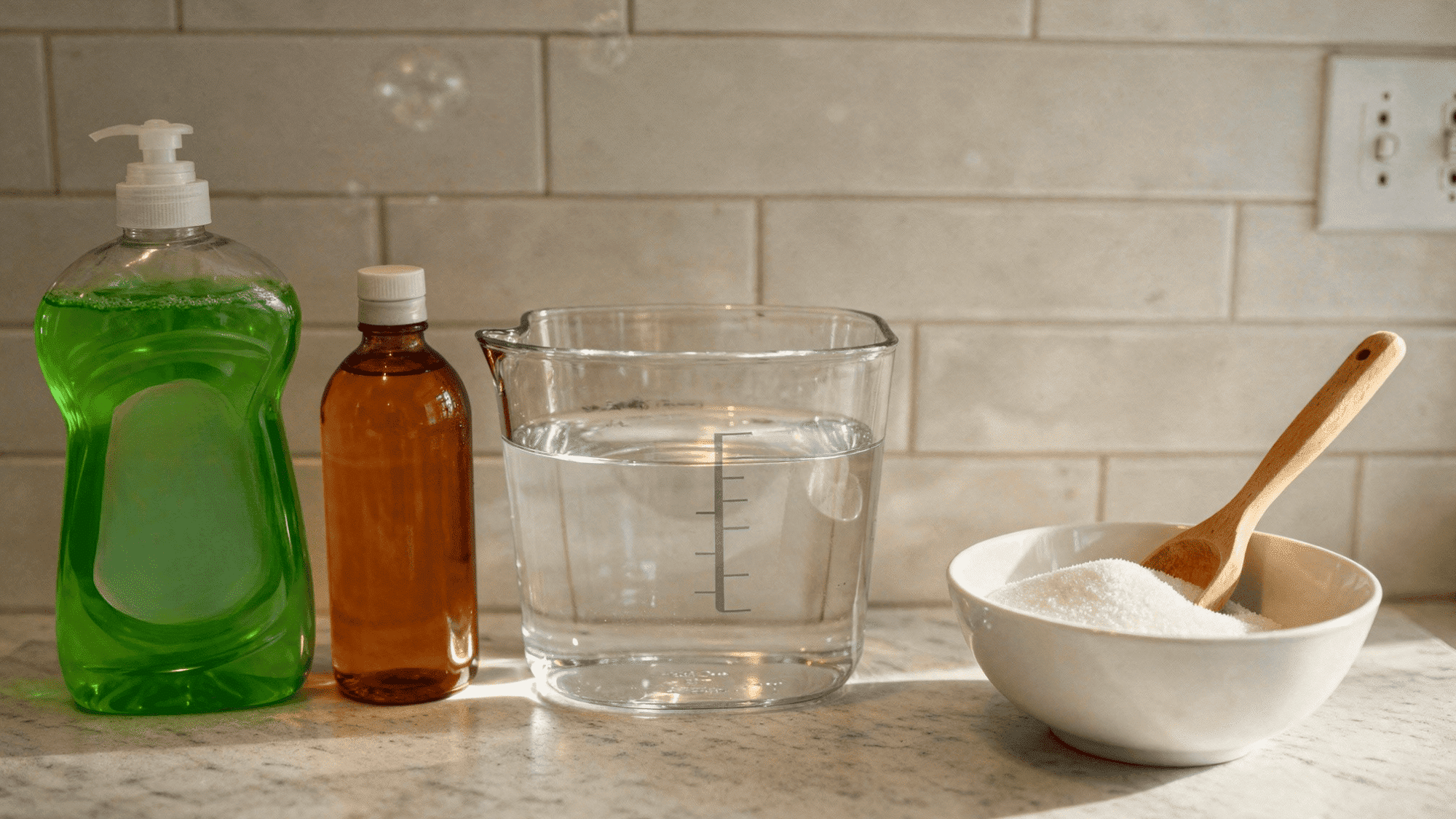 four ingredients placed on a kitchen slab including dishwash,glycerin,sugar,warm water