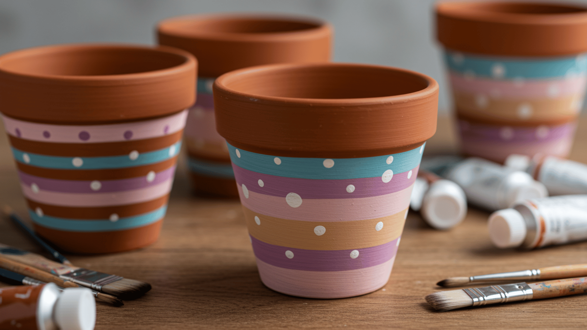 four terracotta flower pots painted with colorful stripes and white polka dots sit on a wooden table with brushes.