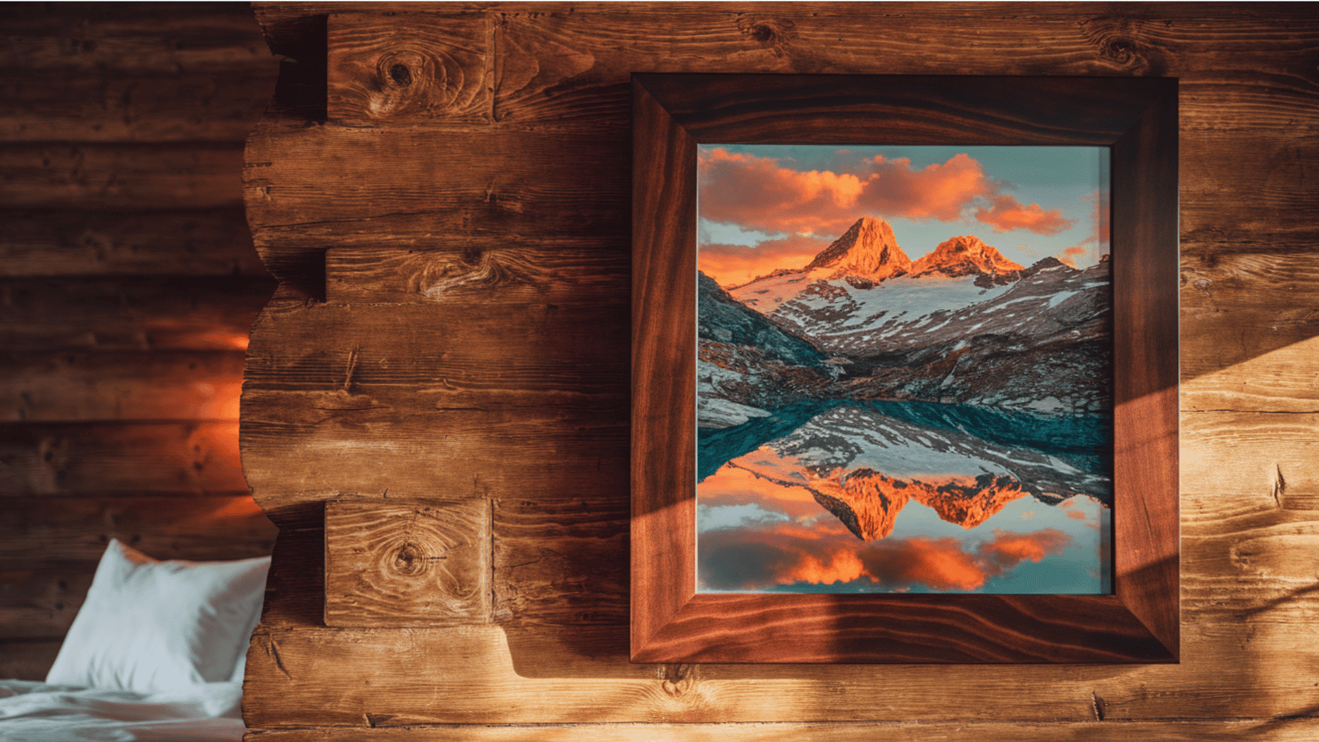 framed mountain landscape on a wooden wall in a rustic cabin bedroom.