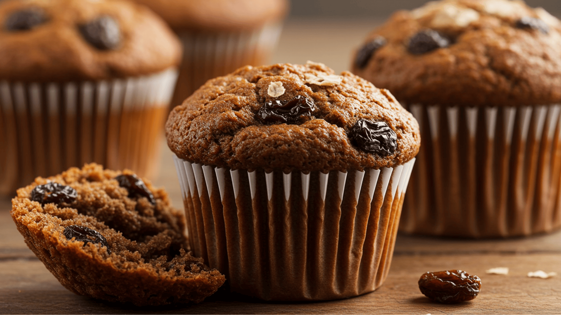 fresh baked raisin muffins arranged on a countertop with one muffin broken open showing soft texture and raisins inside