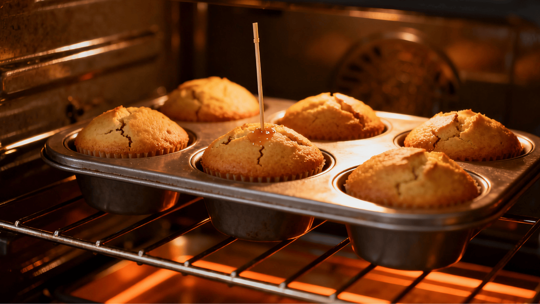fresh muffins baking in a muffin tray inside an oven with golden tops rising during the baking process