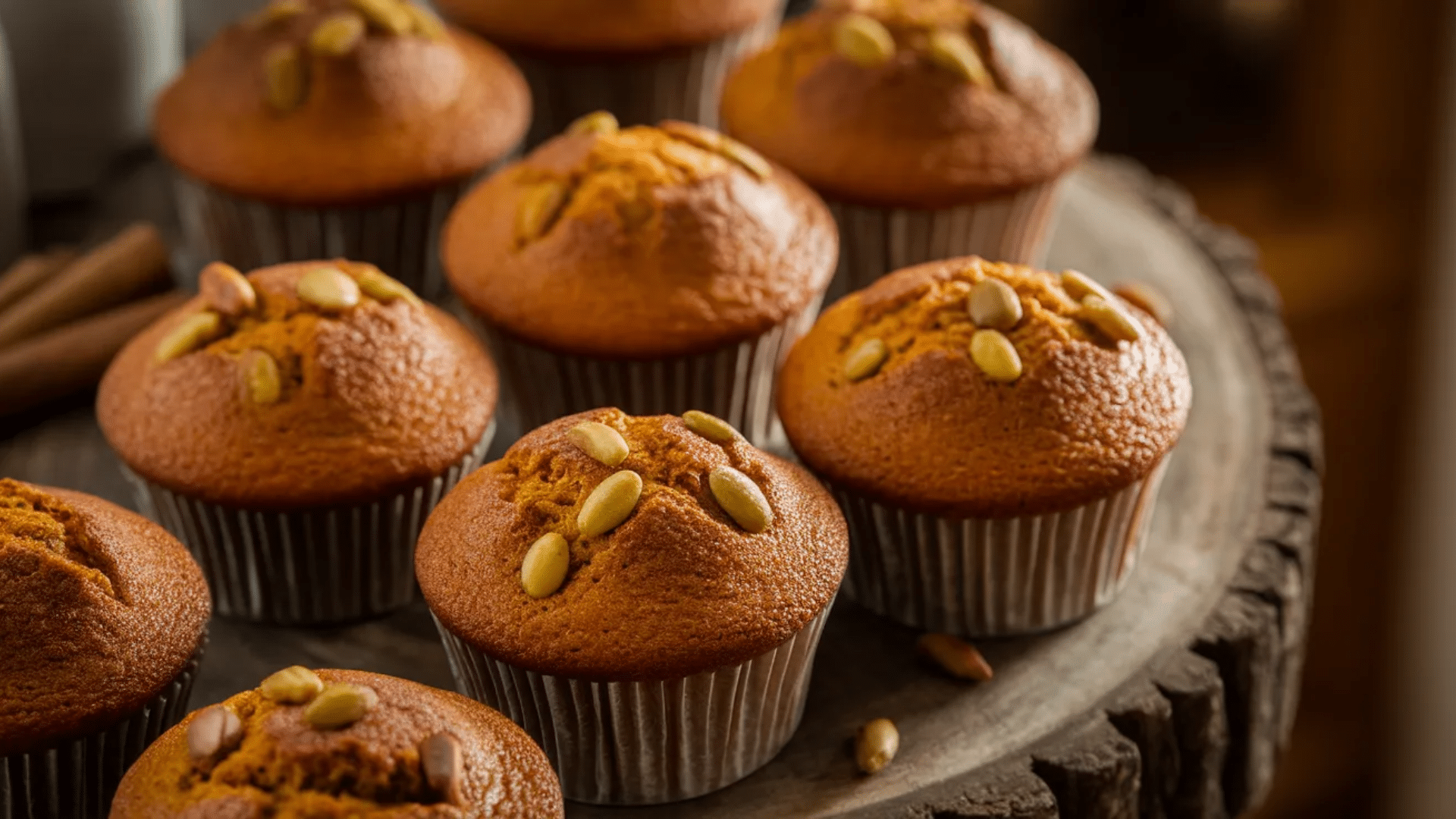 freshly baked banana pumpkin muffins with golden domed tops and pepitas on a rustic wooden board
