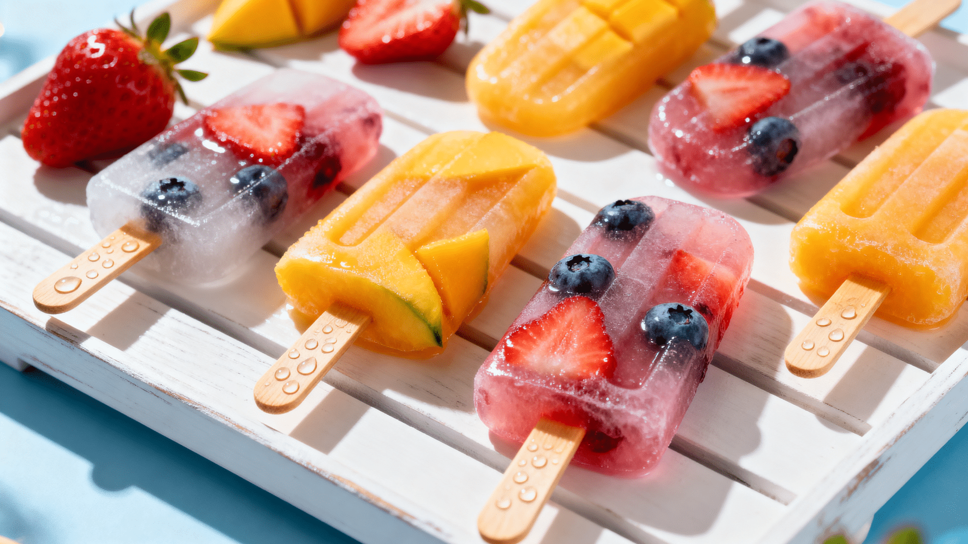 frozen fruit popsicles in bright colors arranged in a container filled with crushed ice