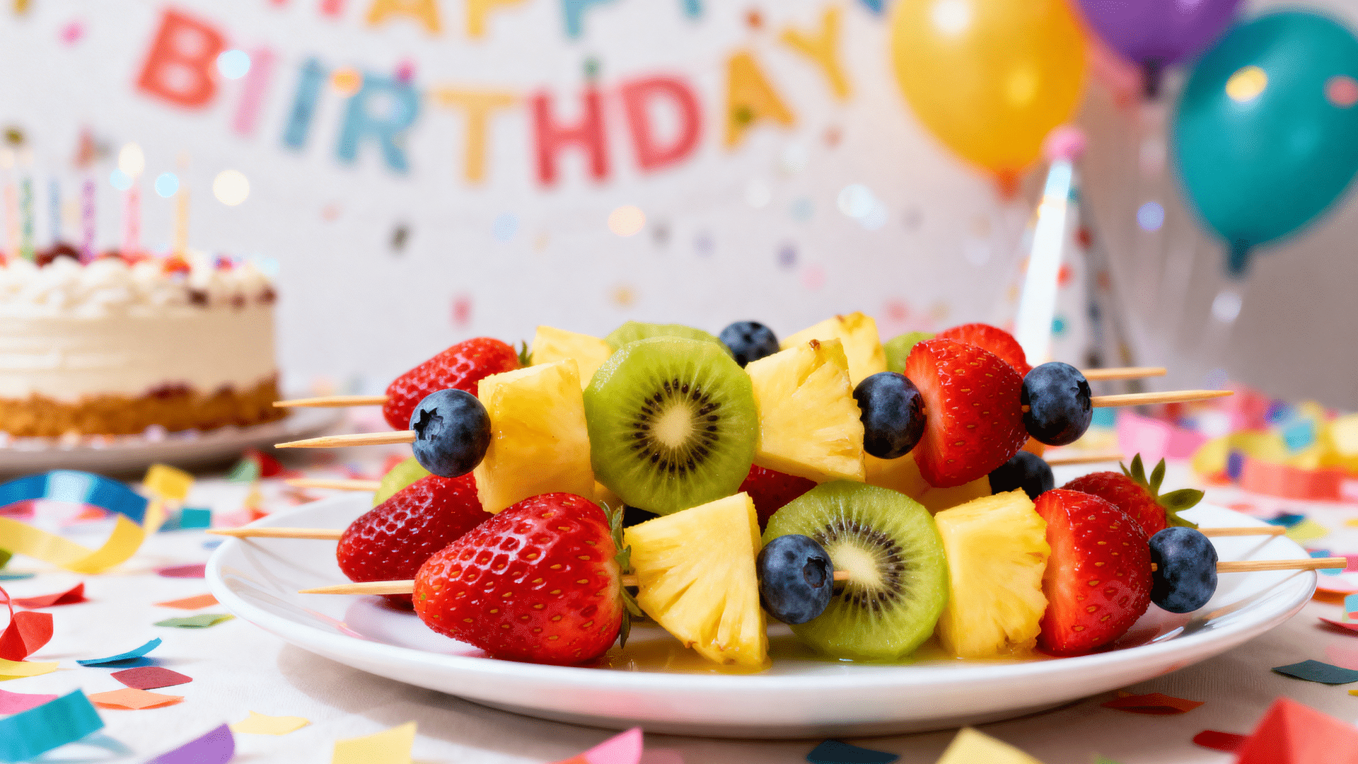fruit skewers threaded with strawberries, grapes, and melon cubes displayed upright on a round plate