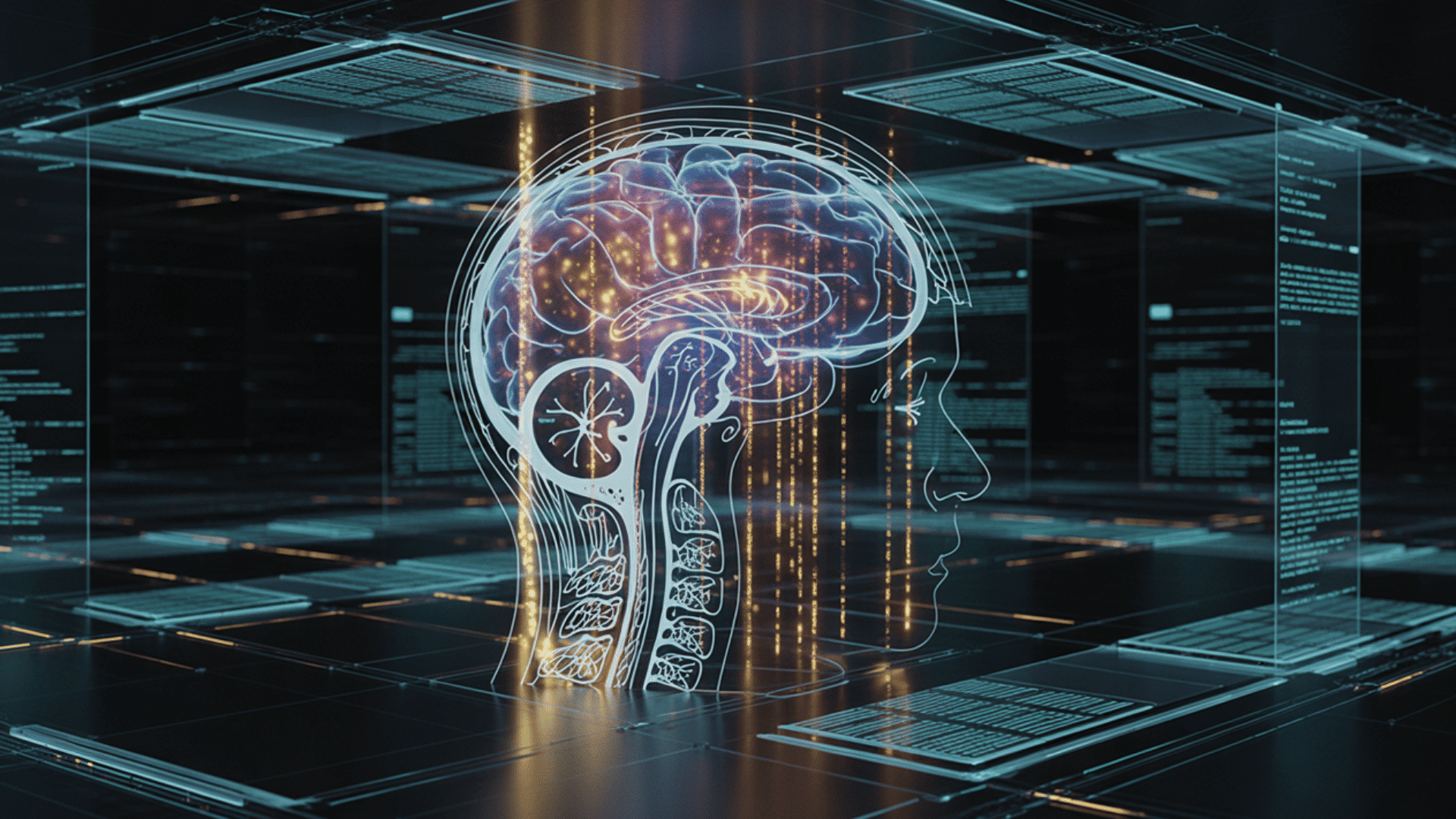futuristic ai themed artwork showing a digital human face formed from glowing neural network lines and flowing data patterns