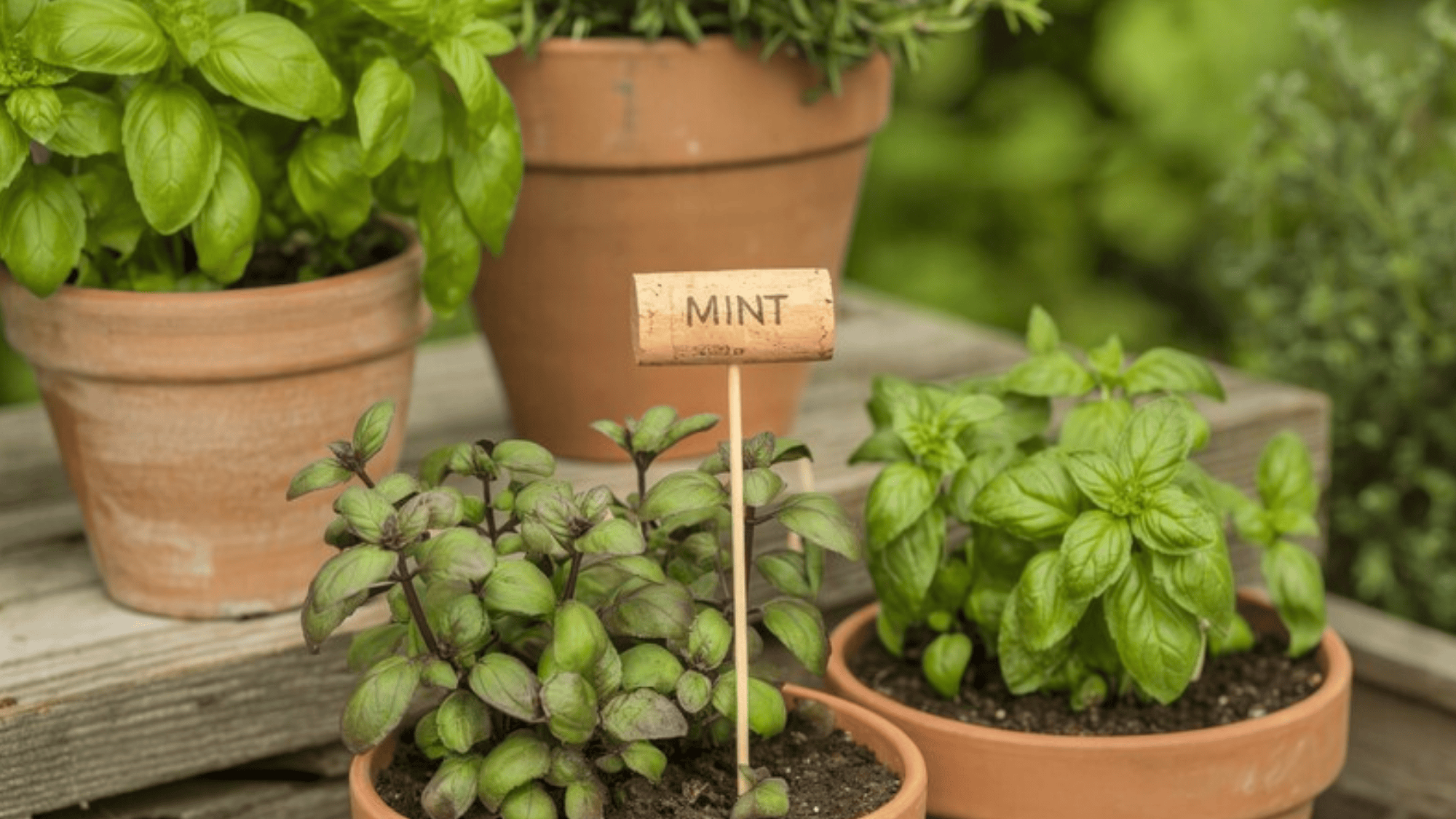 garden with wine cork plant markers on skewers in pots, names like Mint written neatly