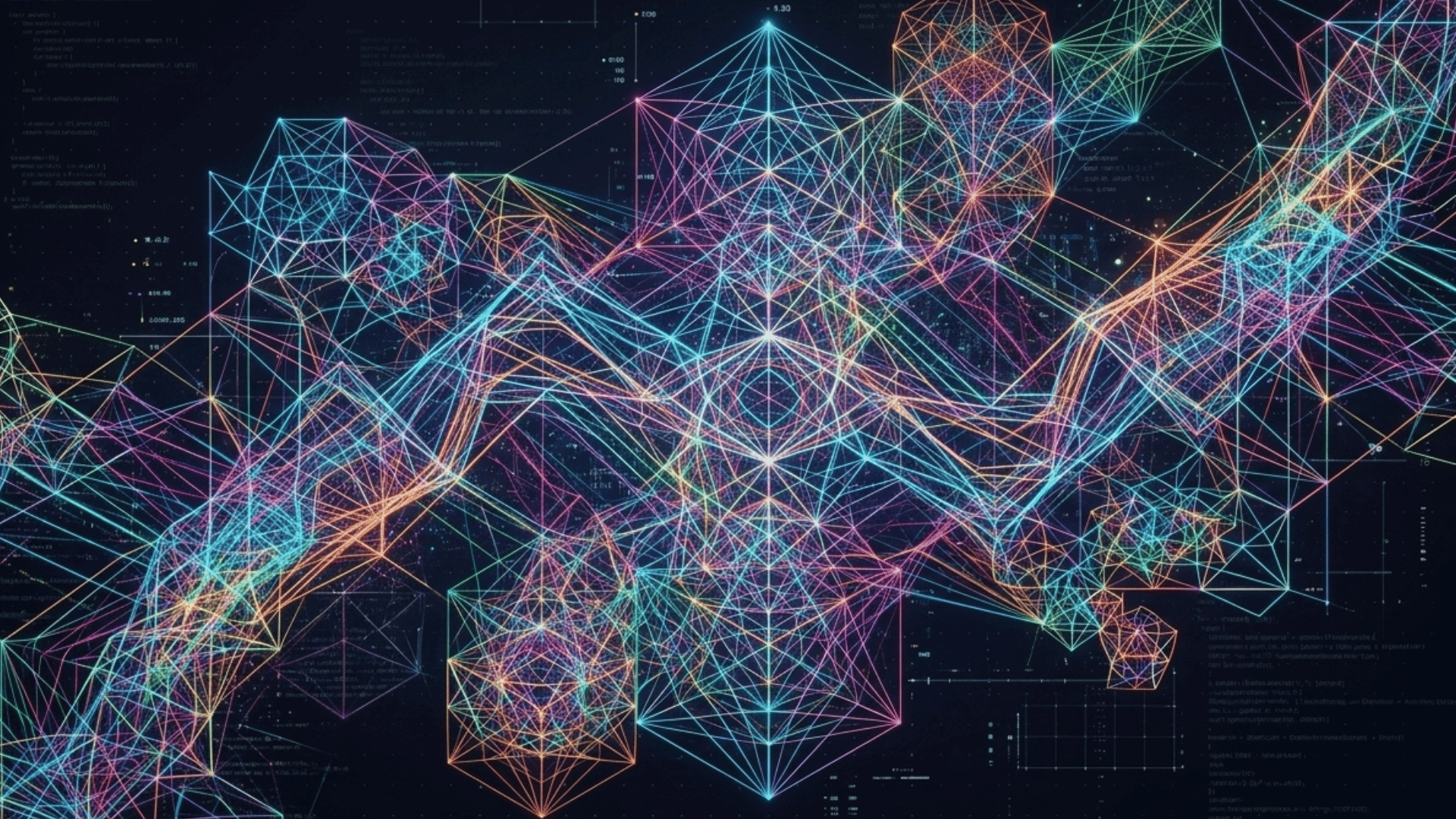 generative algorithmic artwork displaying colorful geometric lines and shapes forming complex abstract patterns inspired by data visualization
