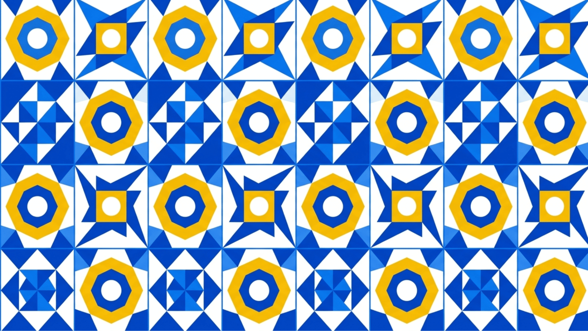 geometric pattern with repeating triangles, squares, circles, and hexagons arranged in a balanced grid with blue and yellow colors