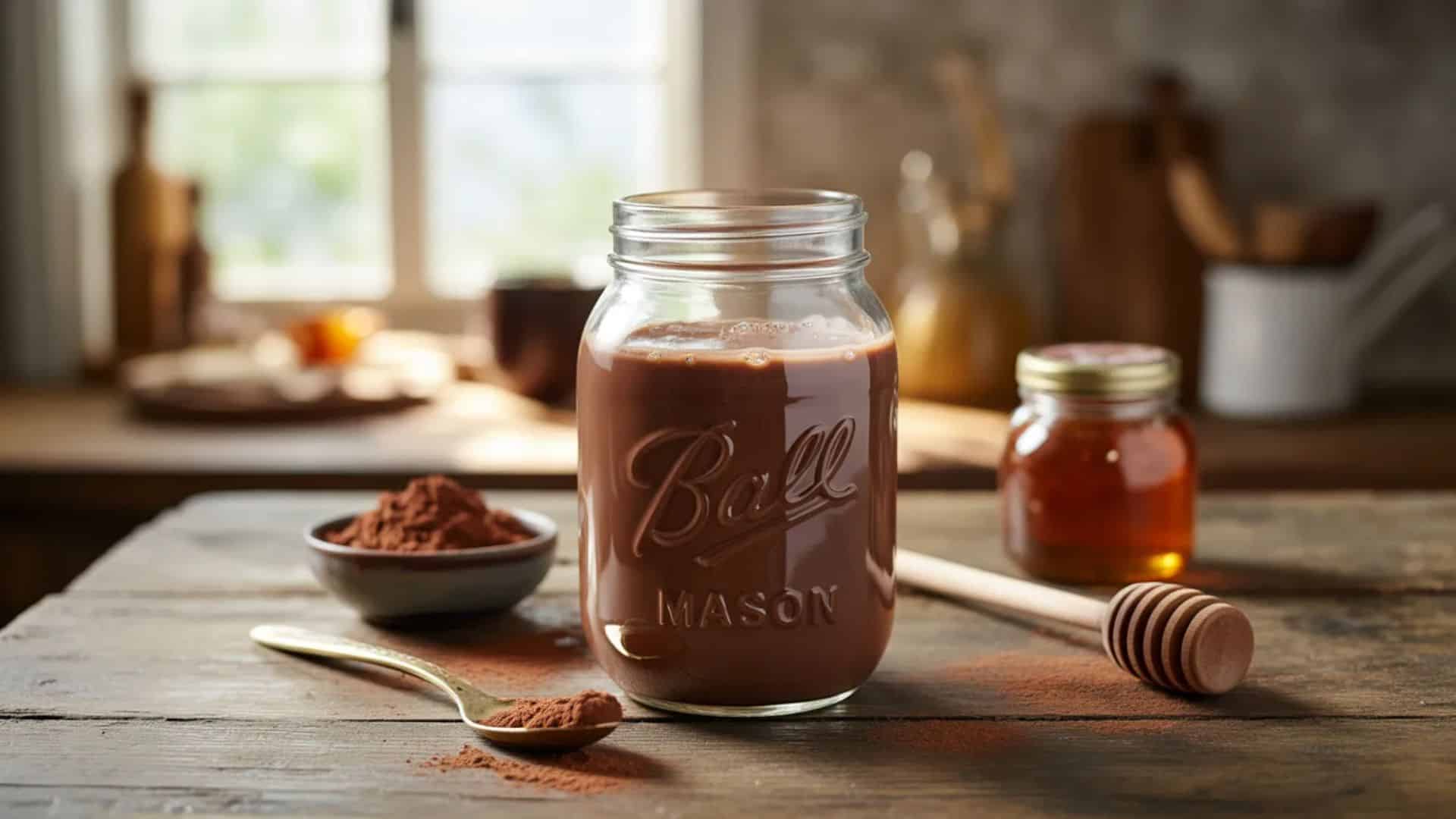 glass jar of homemade chocolate milk on a wooden table with cocoa powder, spoon, and honey jar in a softly lit kitchen background