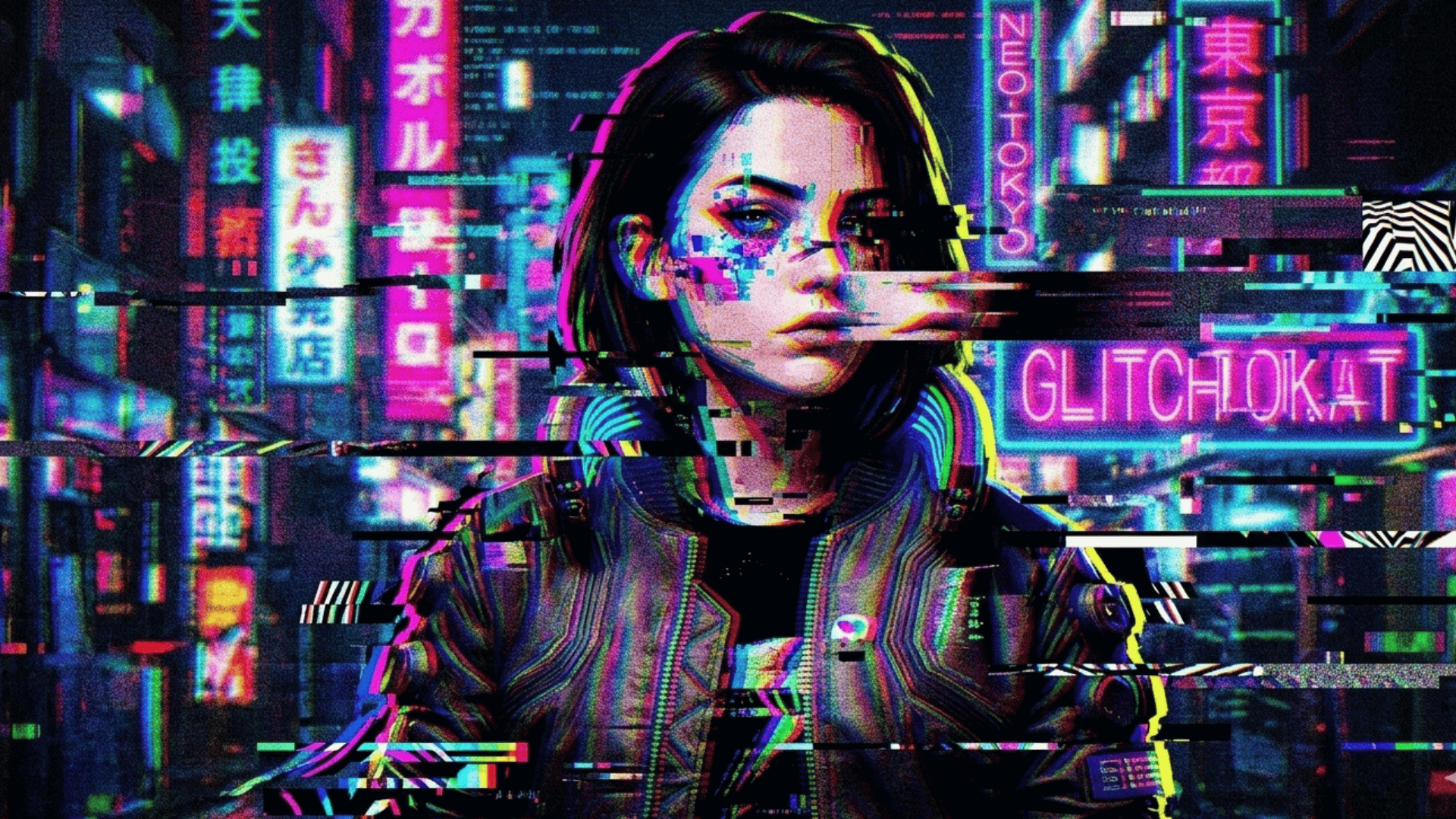 glitch art portrait with distorted colors, rgb channel shifts, digital noise, and fragmented pixel effects creating a futuristic cyber visual