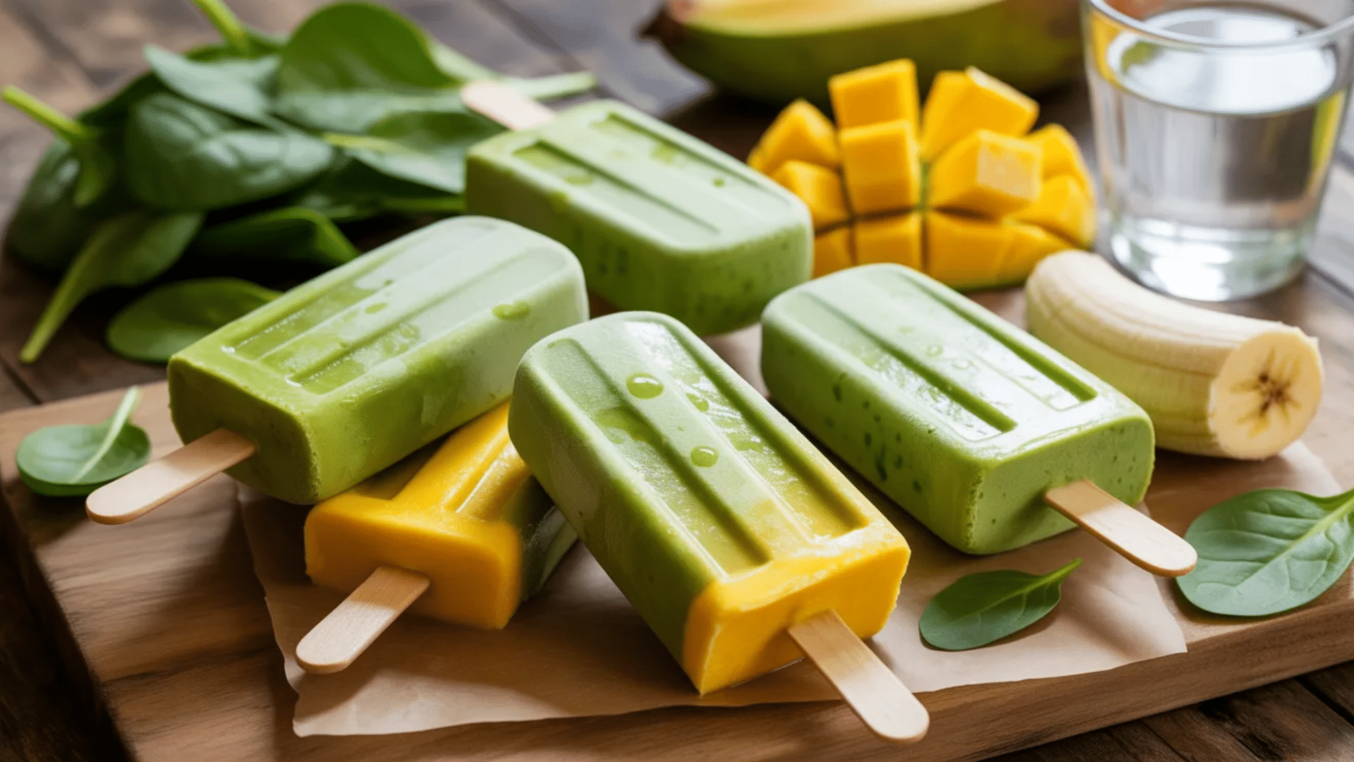 green smoothie popsicles on wooden board with spinach leaves mango cubes banana and glass of milk arranged around frozen treats