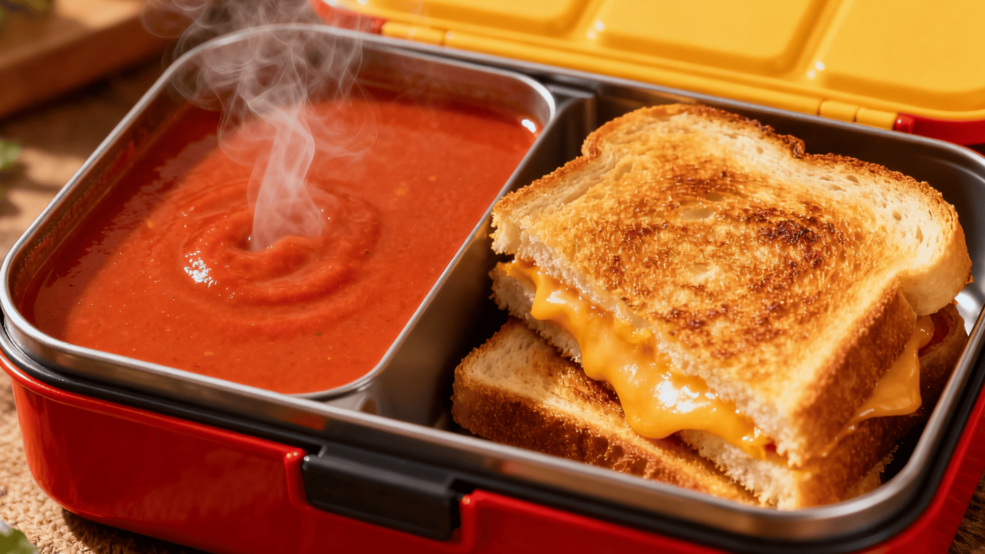 grilled cheese sandwich and tomato soup packed neatly in a compact lunchbox, steam rising, vibrant colors