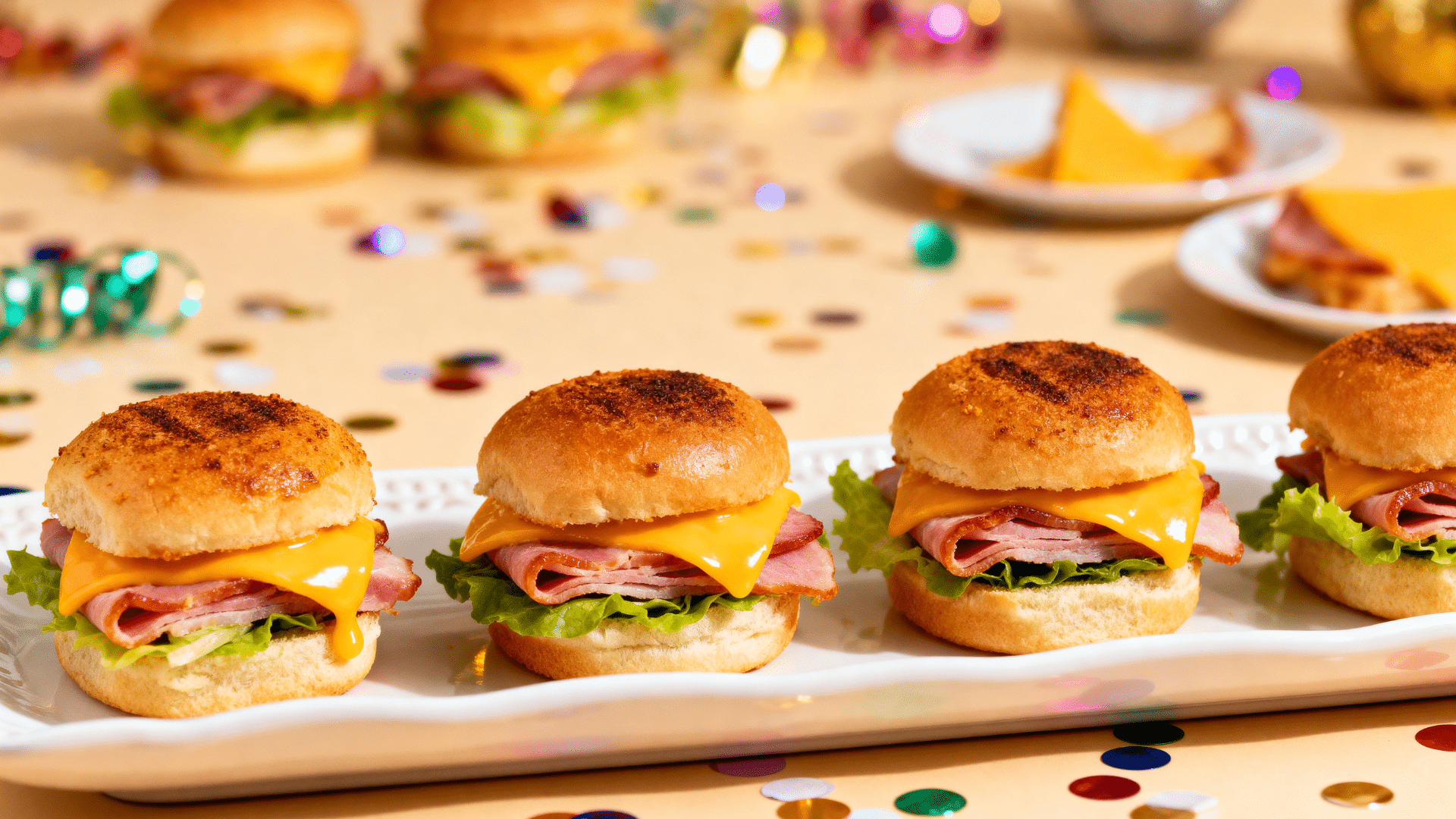 ham and cheese sliders baked until melty and brushed with butter on a party plate