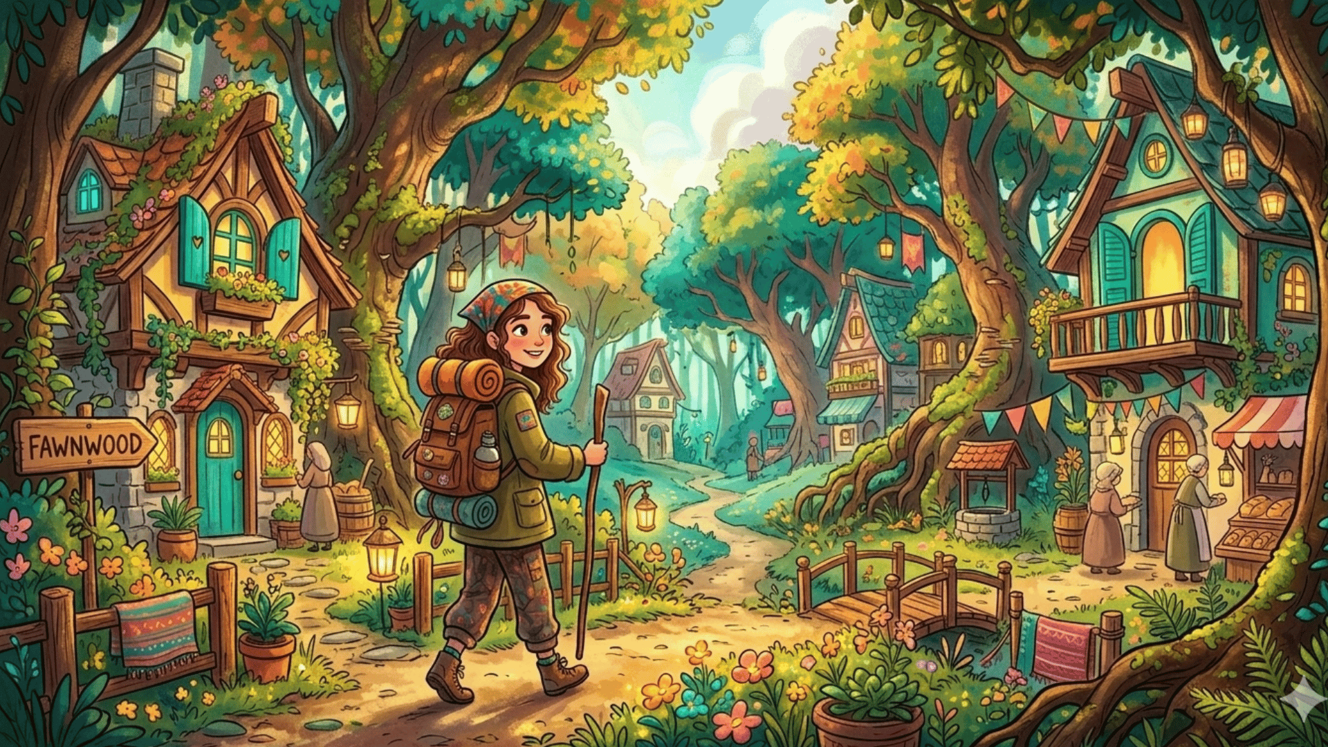 hand drawn digital illustration of a traveler walking through a colorful forest village with vibrant houses, trees, and soft painted lighting