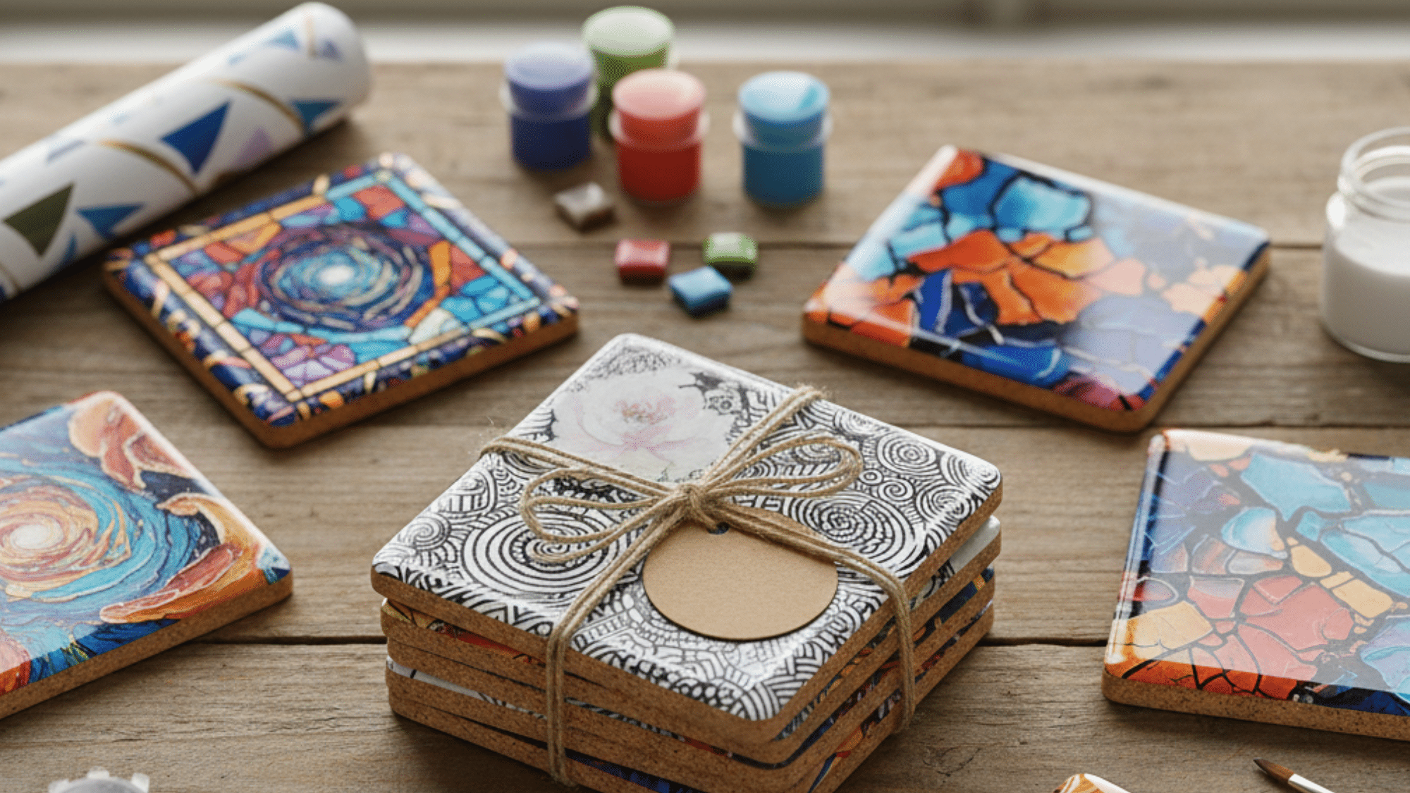 hand-painted decorative coasters with craft supplies on a wooden table