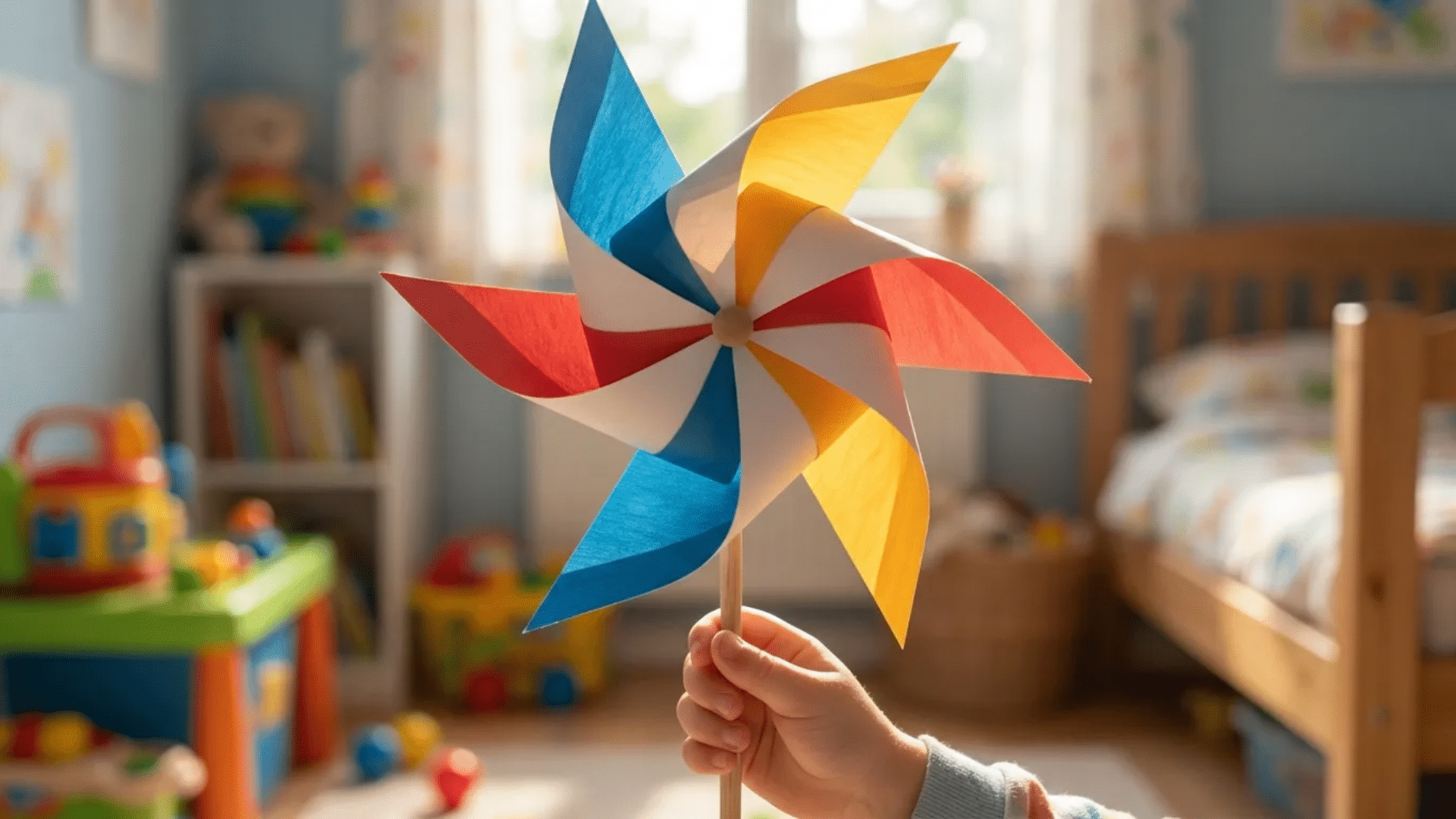handmade paper pinwheel in rainbow stripes attached to a wooden dowel stick