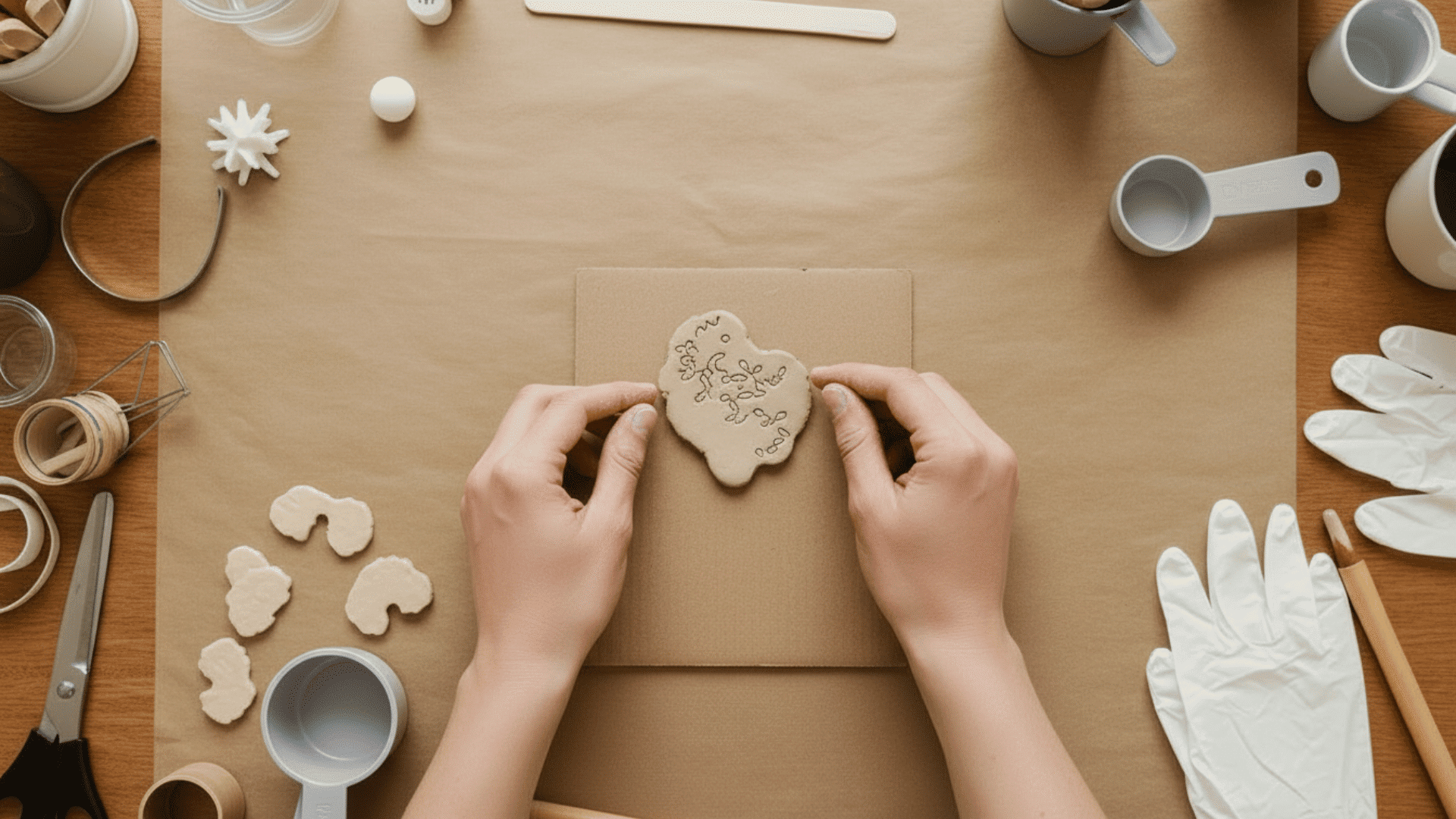hands placing a decorated air-dry clay piece on cardboard to dry evenly on a parchment-covered craft table with tools and gloves nearby.