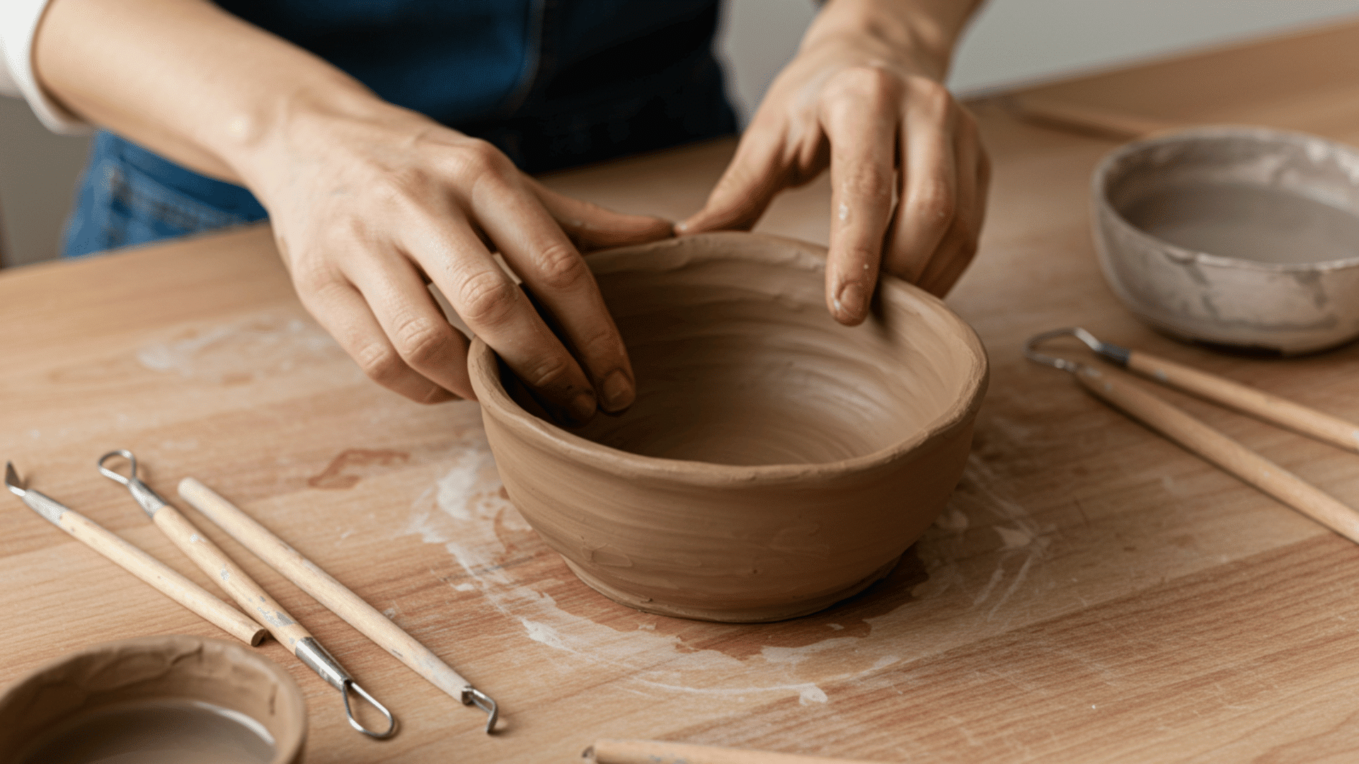 hands shaping a clay bowl on a wooden table, with sculpting tools and a small bowl of water nearby in a home craft setting.