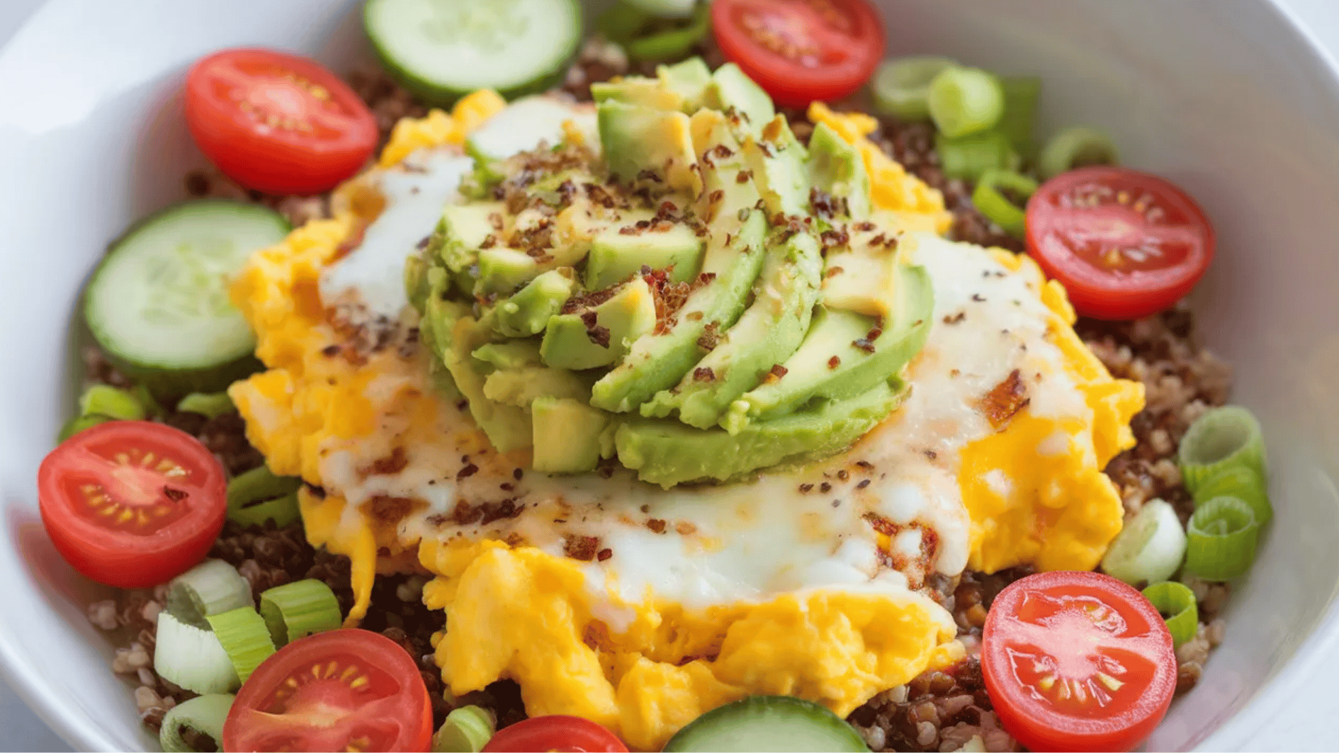 healthy breakfast bowl with scrambled eggs, quinoa, sliced avocado, cherry tomatoes, cucumber, and green onions