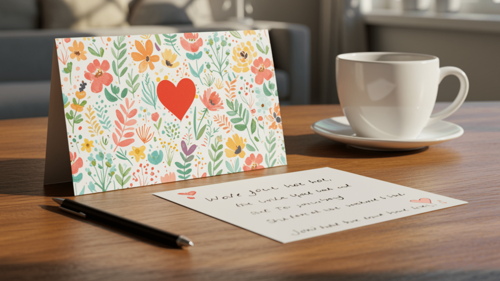 heartfelt handwritten letter and greeting card with colorful flowers on a wooden table