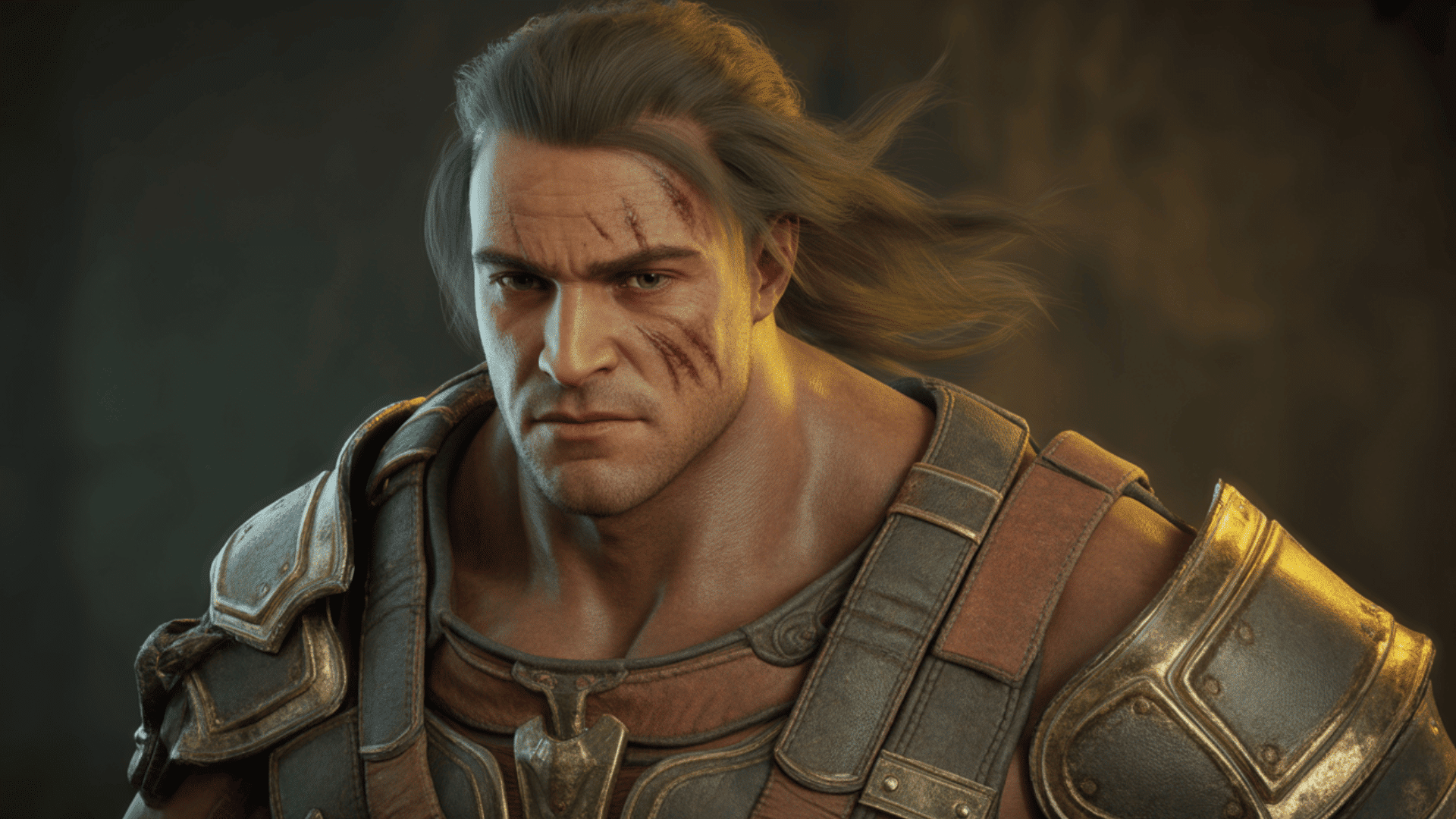 highly detailed 3d sculpted fantasy warrior character with textured armor, dramatic lighting, and realistic rendering in a cinematic cgi scene
