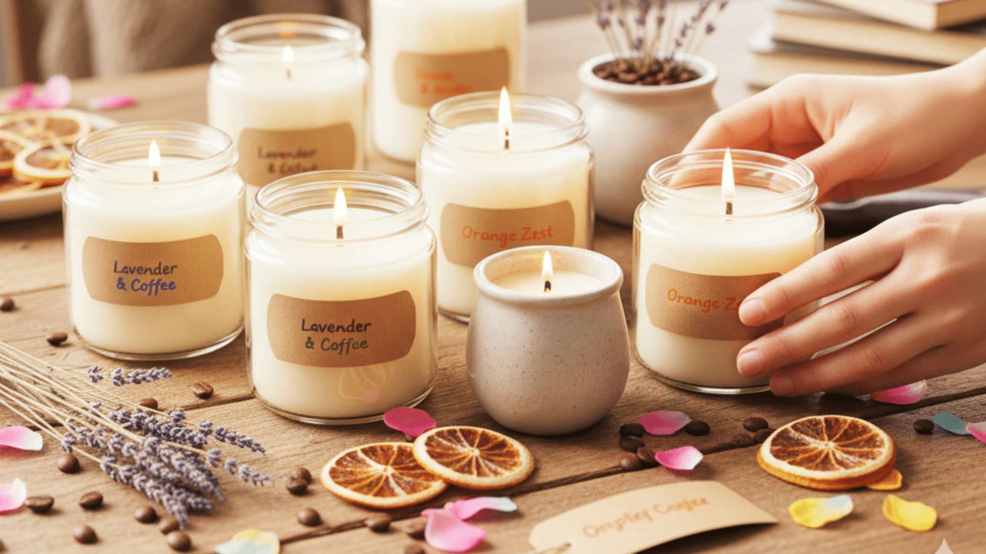 homemade candles with various scents on a wooden table with dried flowers and coffee beans