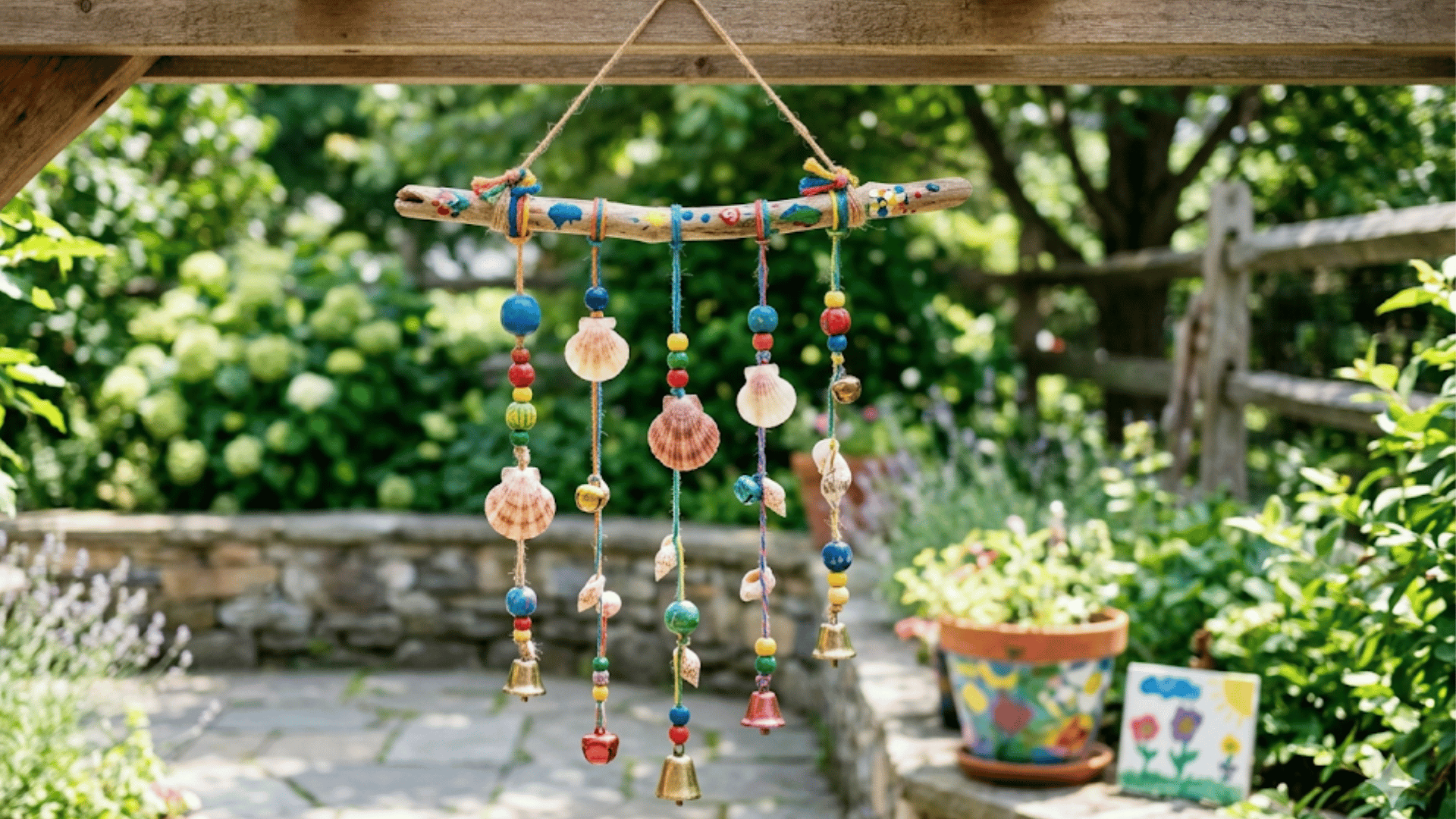 homemade diy wind chime with beads, shells, and bells hanging outdoors
