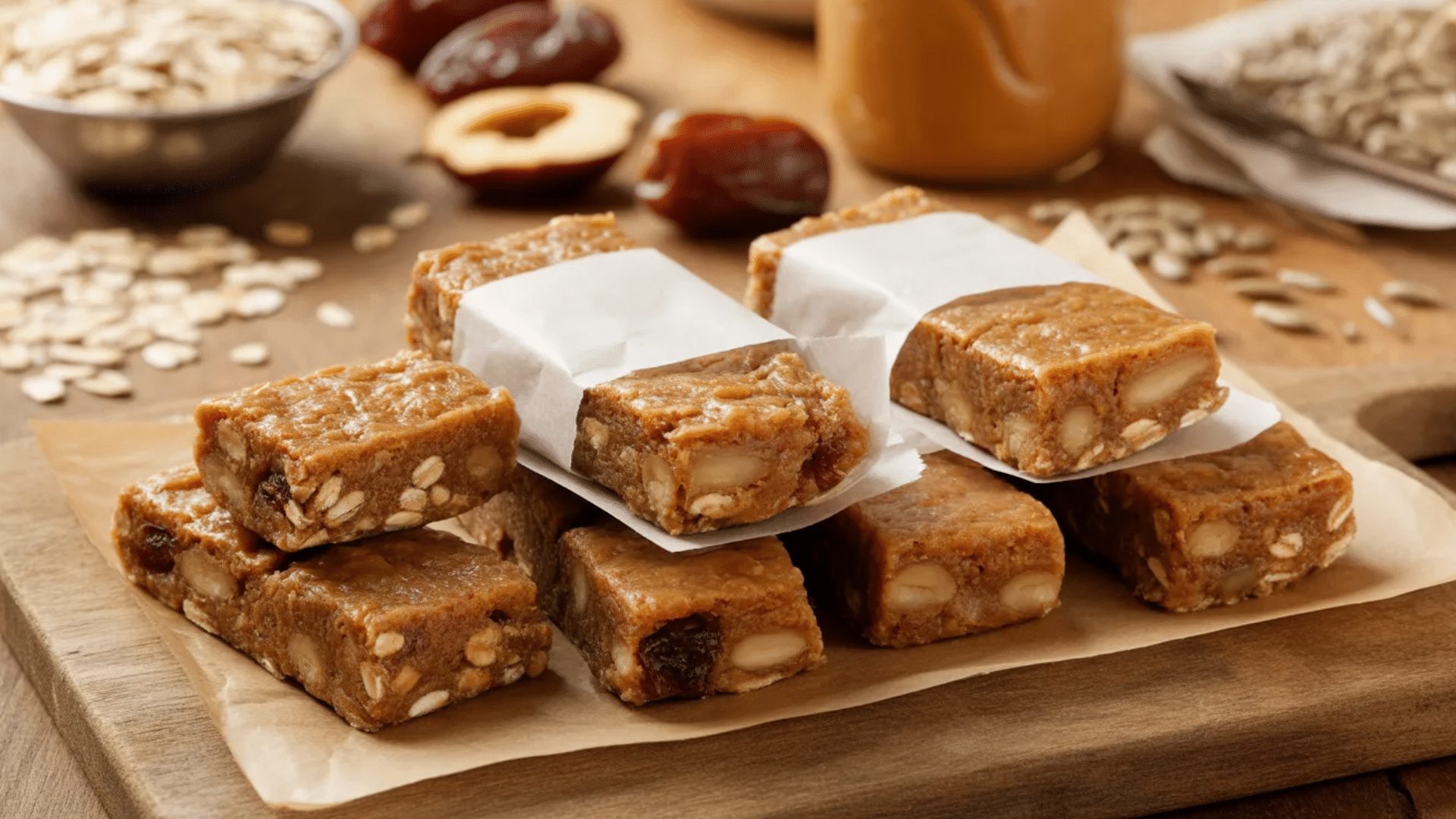 homemade energy bars with oats nuts and dates stacked on parchment paper on wooden board with jar of nut butter and oats nearby