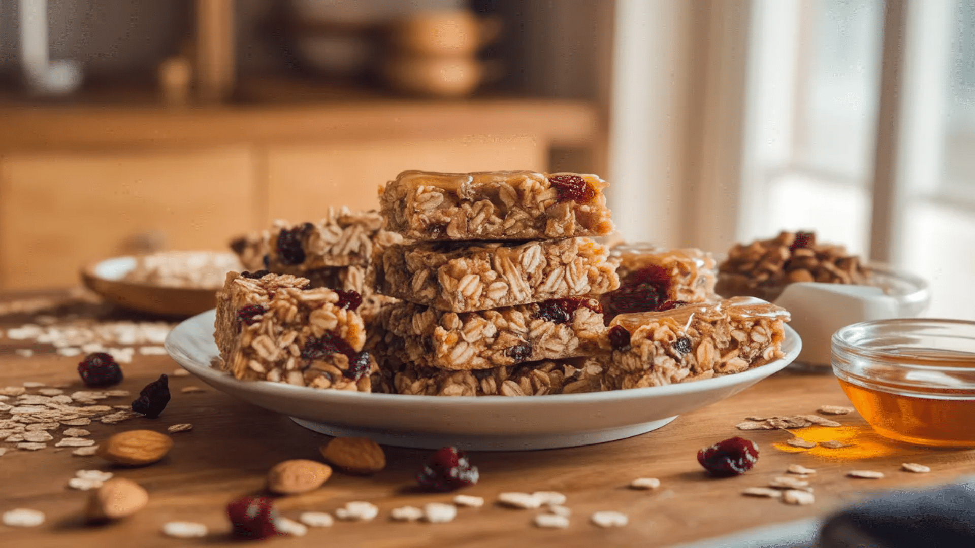 homemade granola bars stacked on plate with oats dried cranberries almonds and honey surrounded by scattered oats and nuts on table